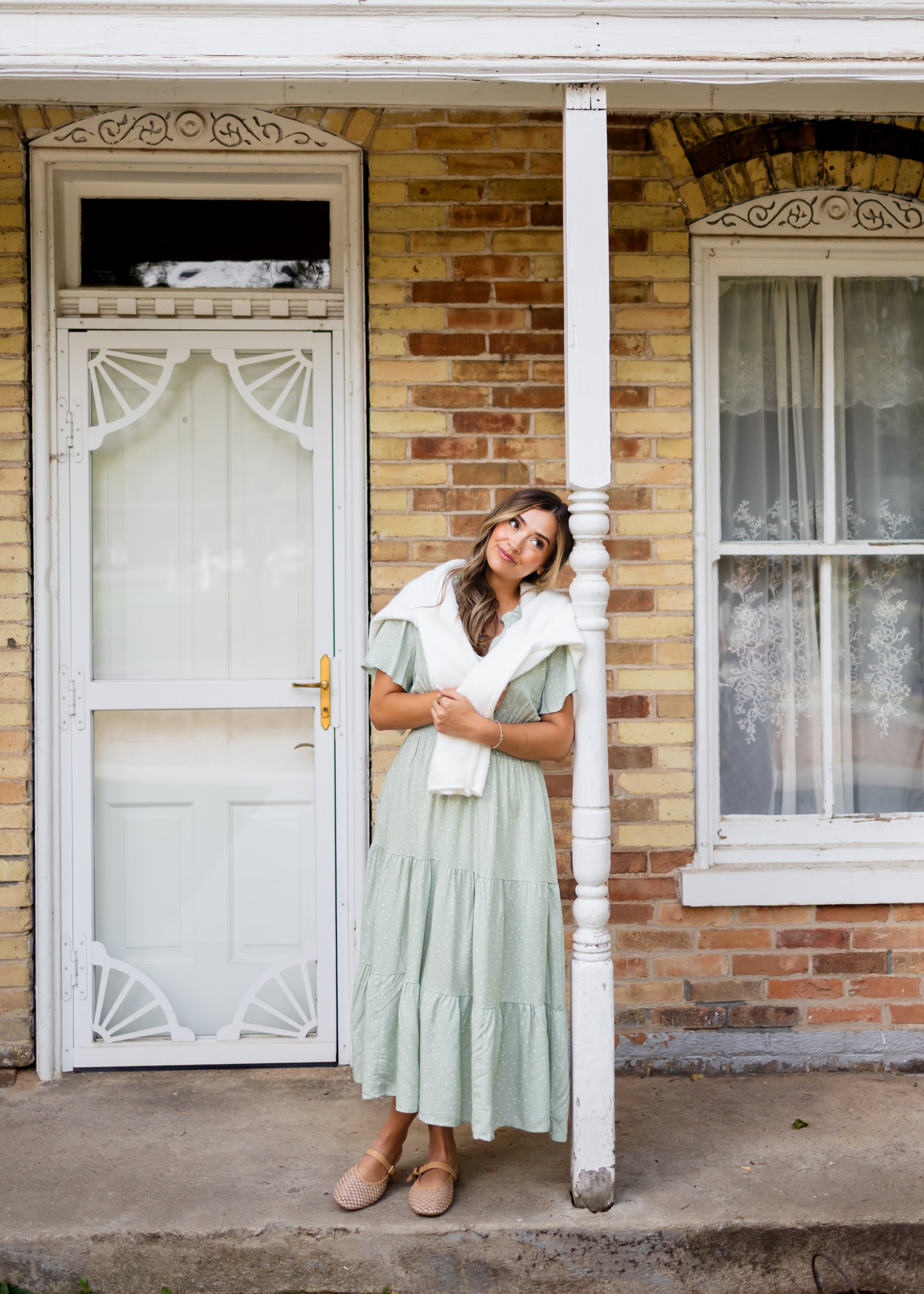 Aspen Sage and White Polka Dot Midi Dress