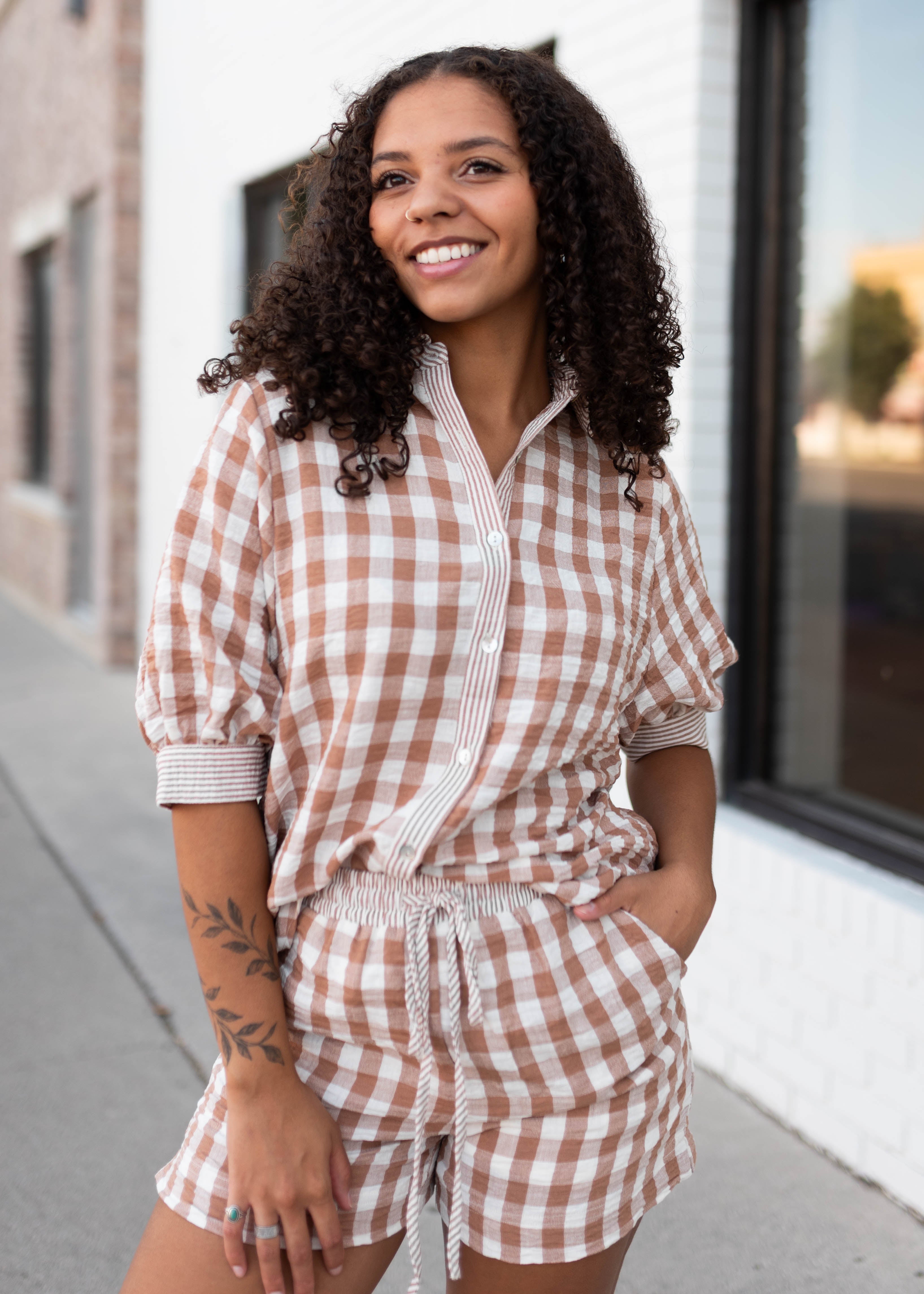 Becky Mocha & White Gingham Button-Up Set