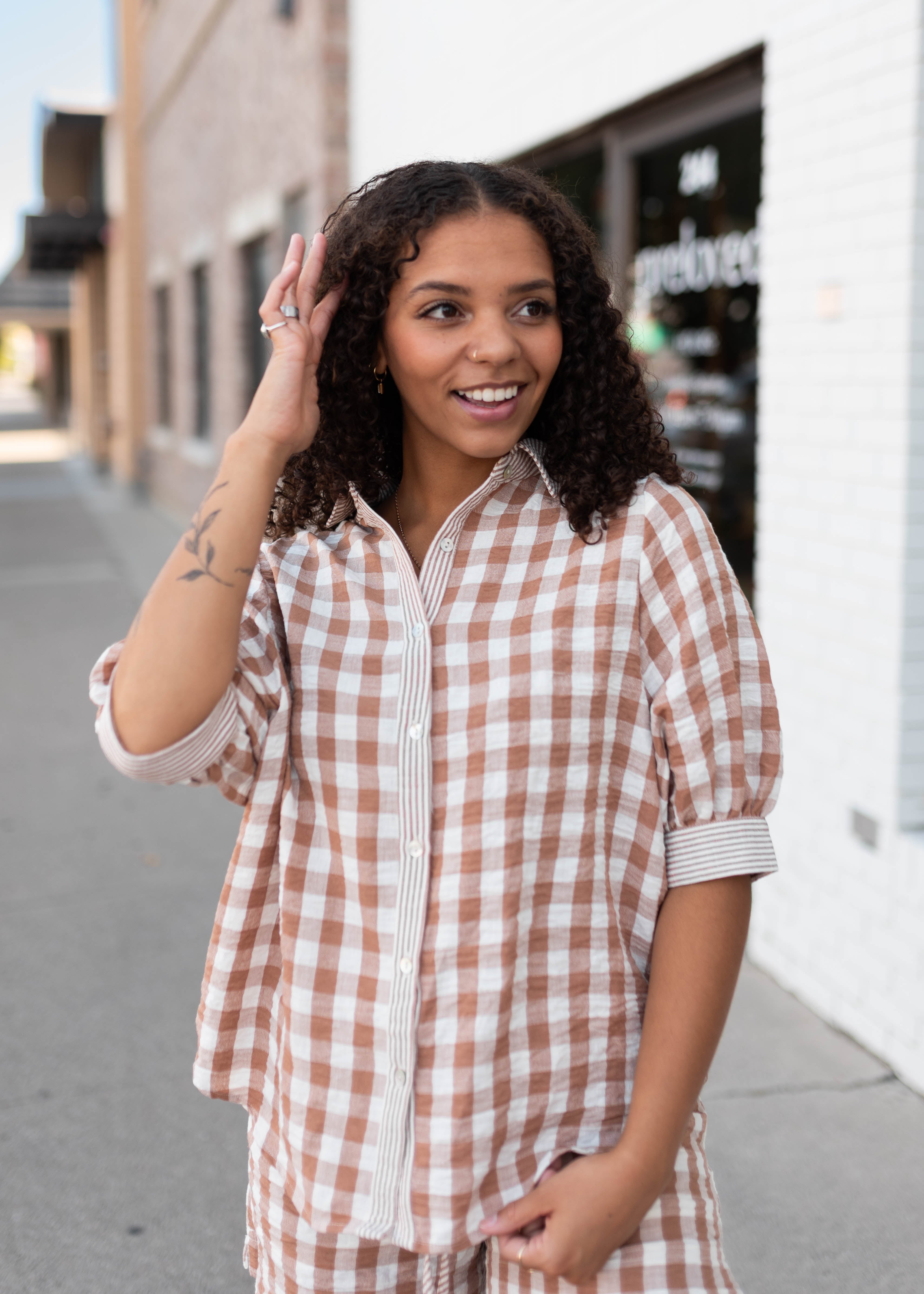 Becky Mocha & White Gingham Button-Up Set