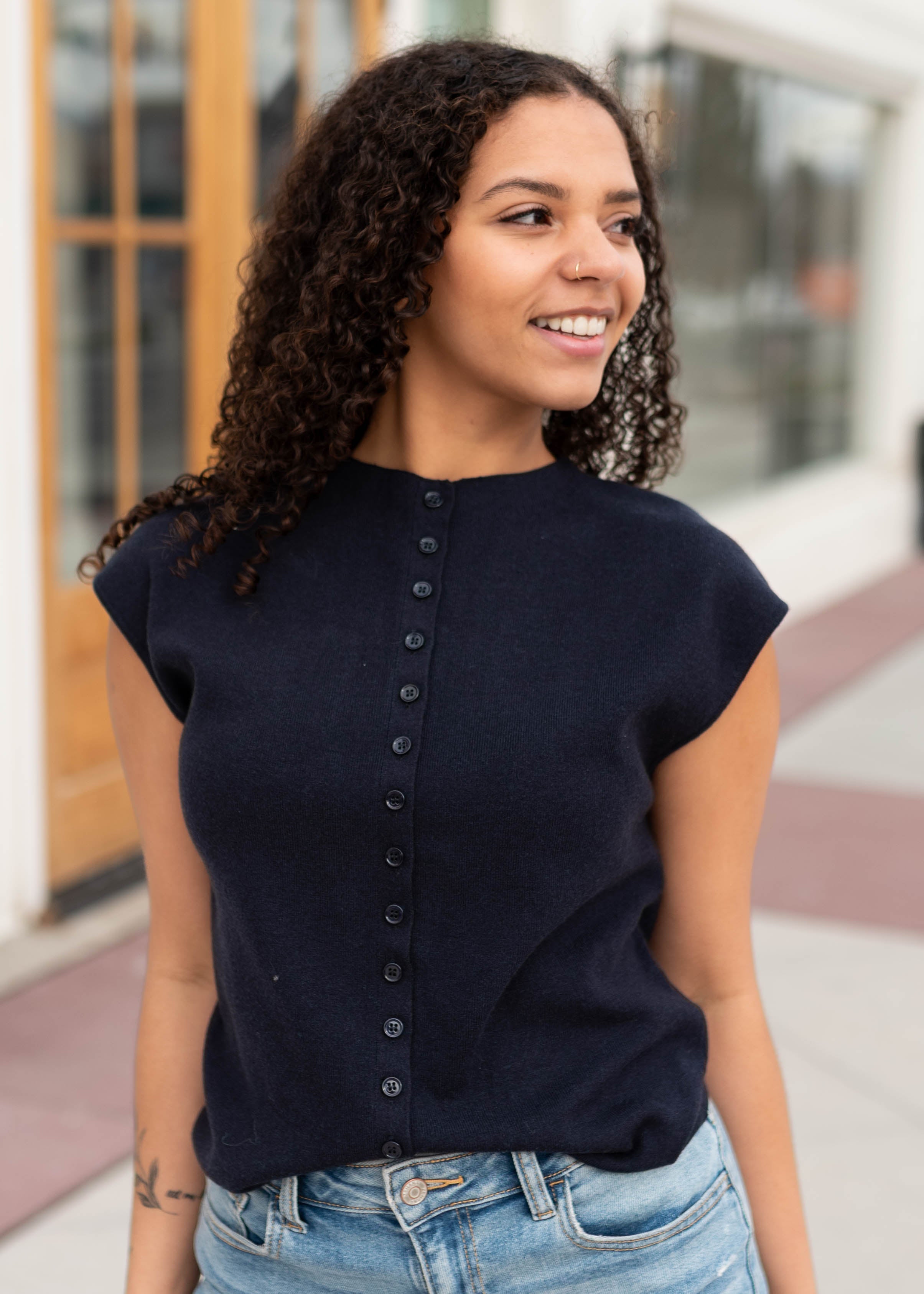 Brea Navy Cap Sleeve Top