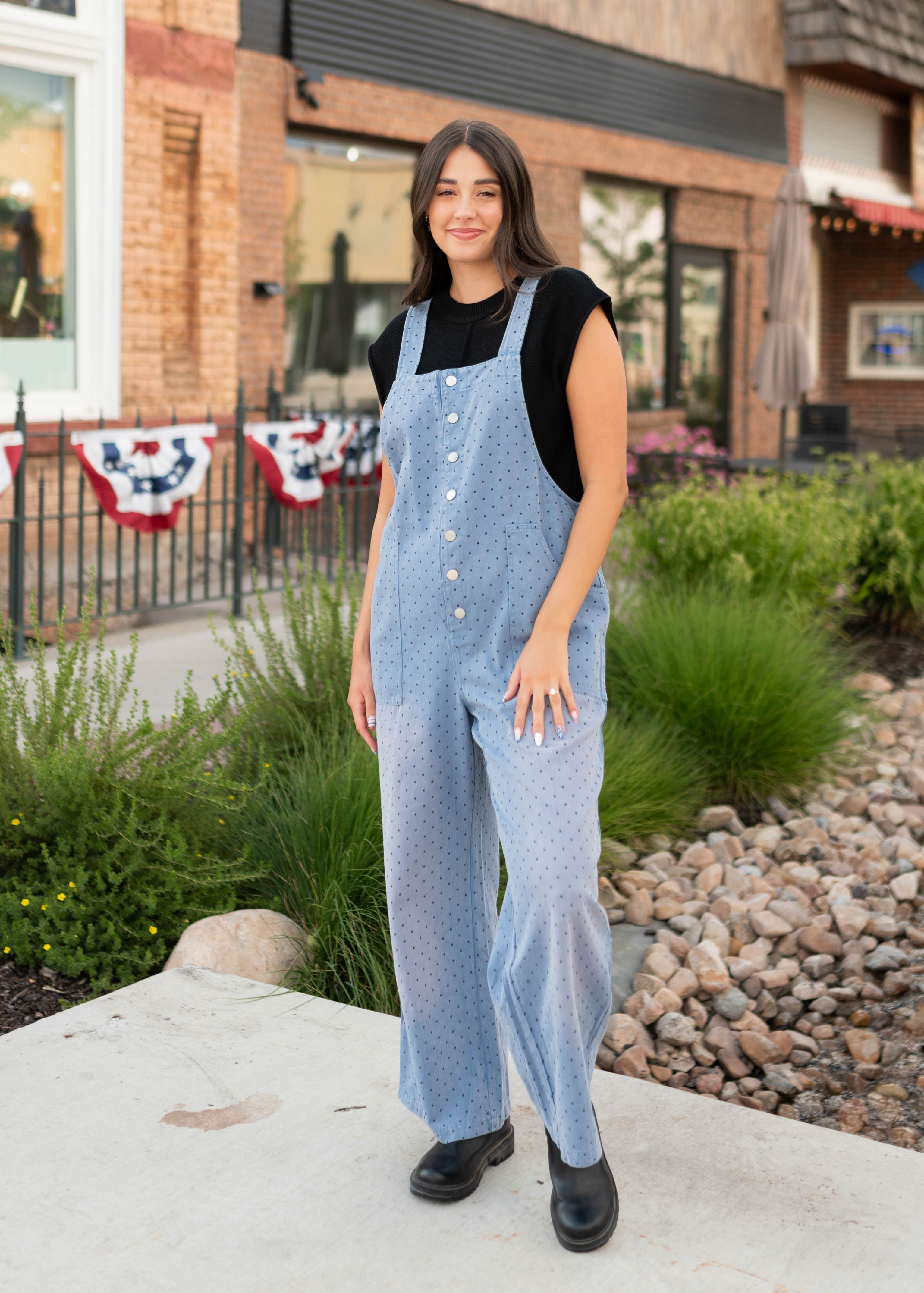 Brenda Blue & Black Polka Dot Overalls