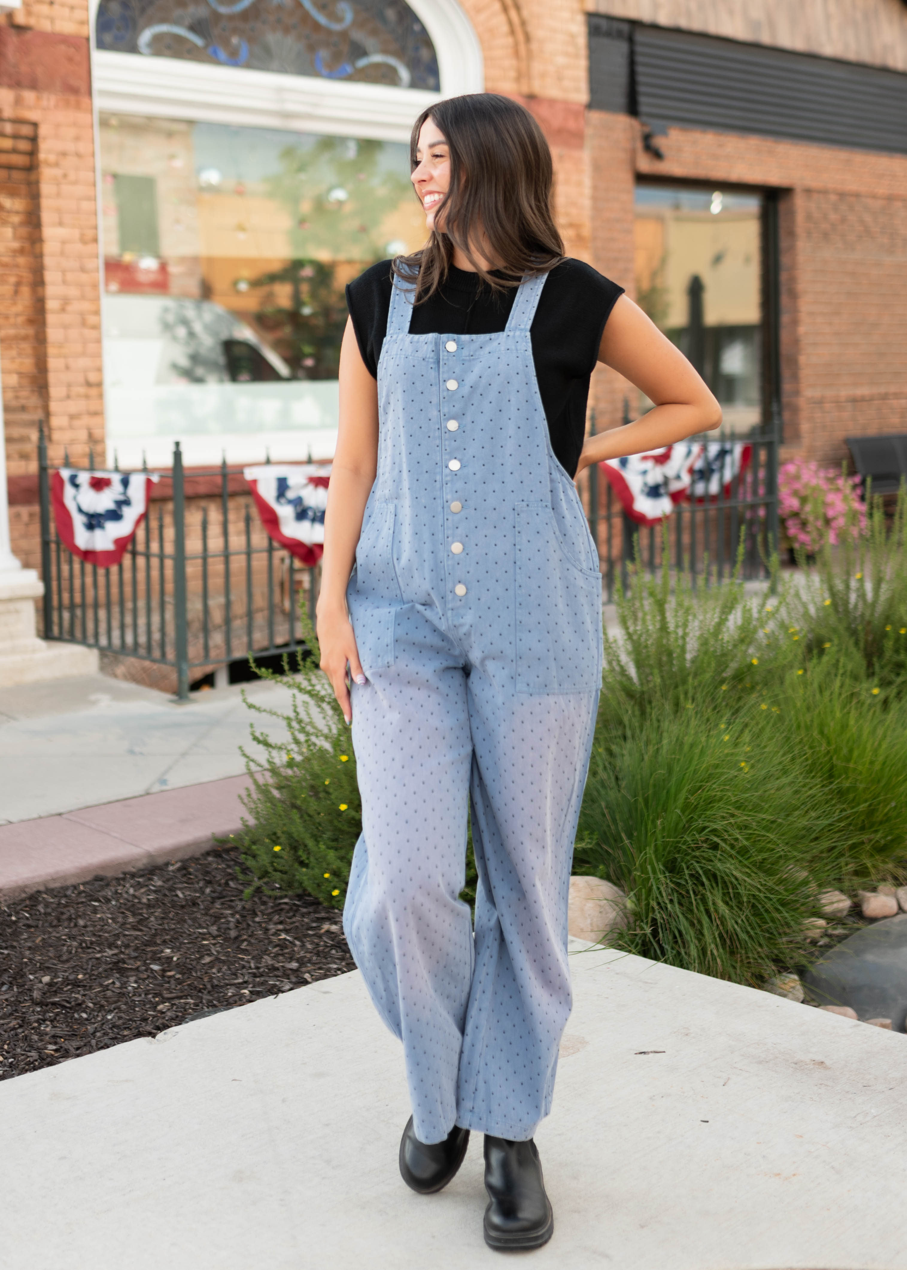 Brenda Blue & Black Polka Dot Overalls