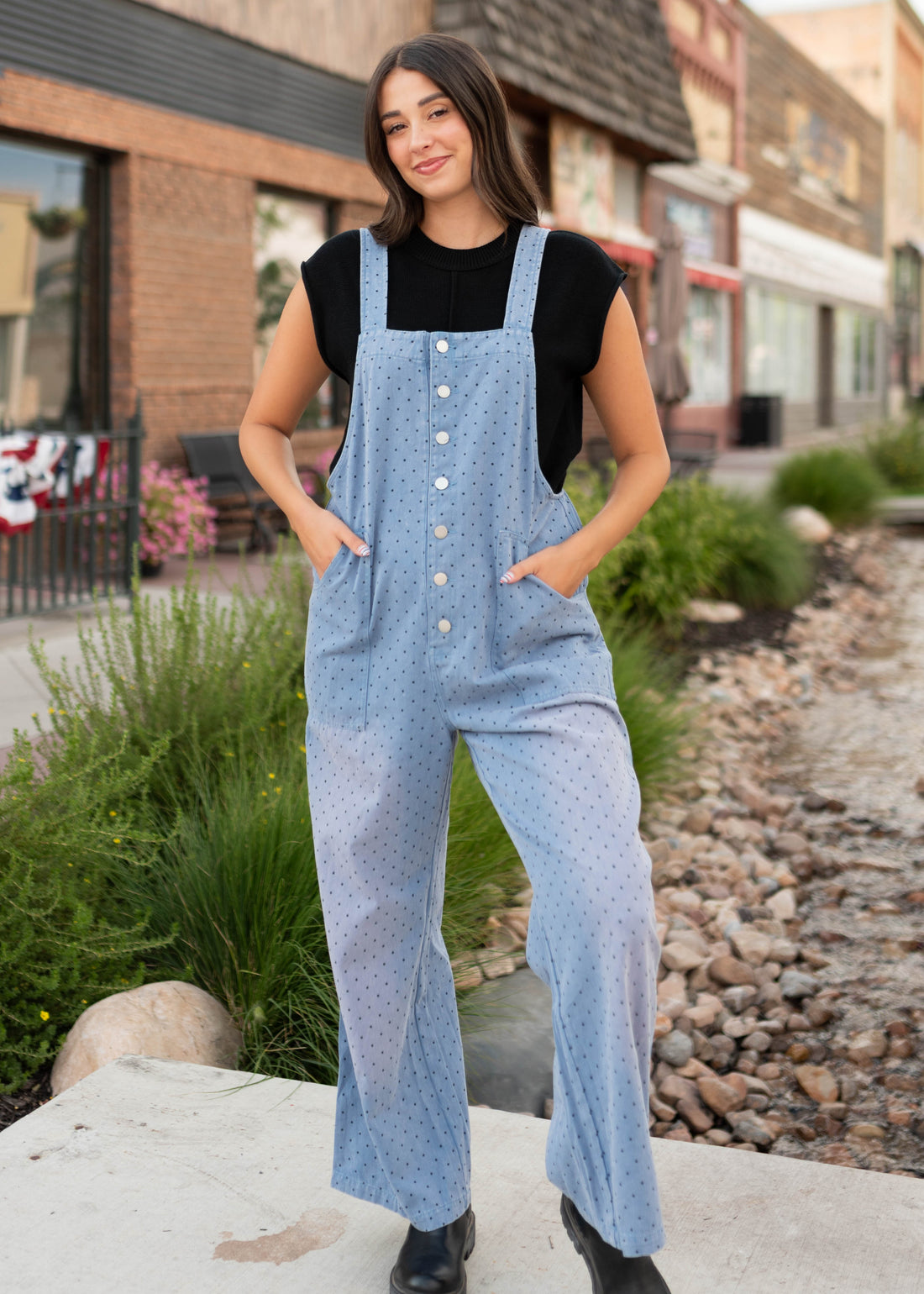 Brenda Blue & Black Polka Dot Overalls
