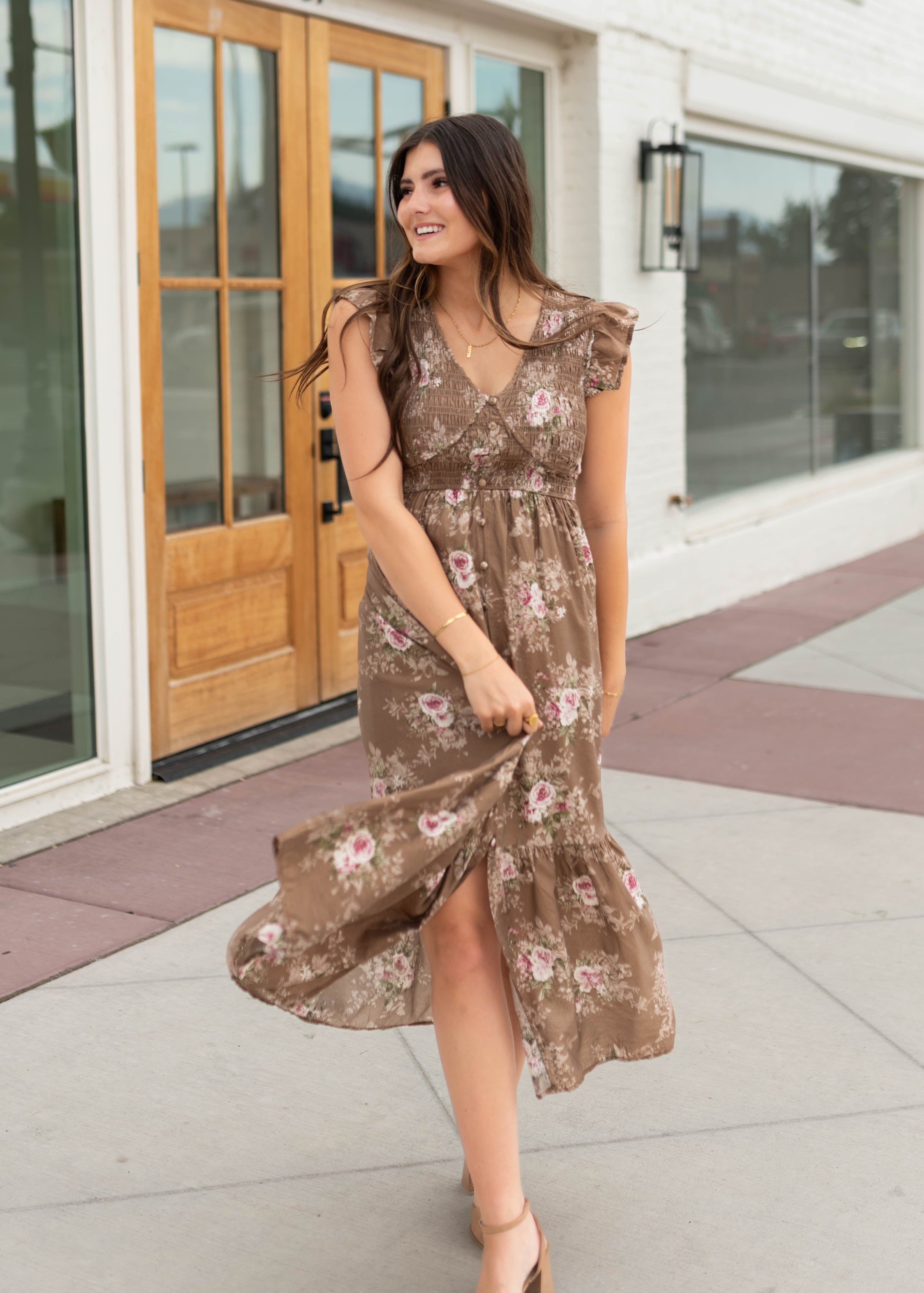 Britney Brown & Blush Floral Smocked Dress