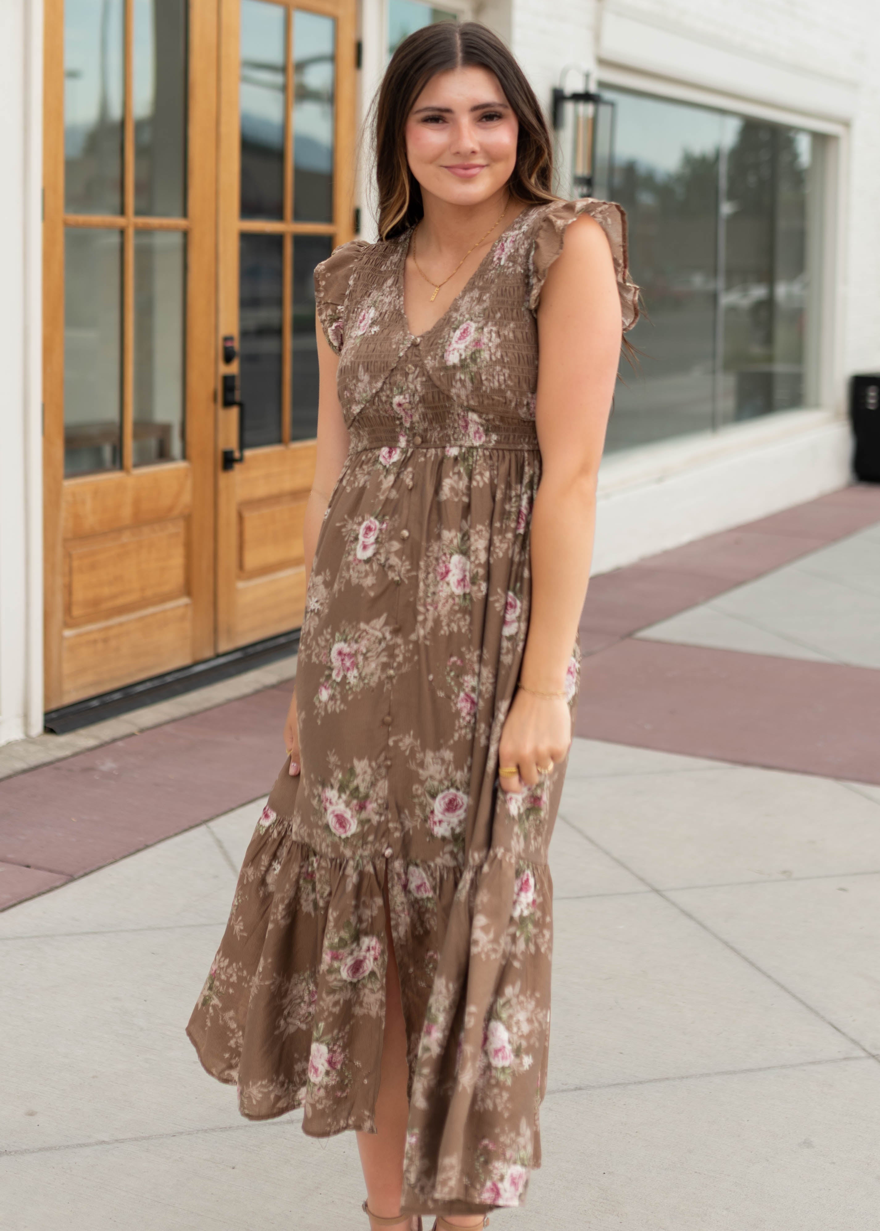 Britney Brown & Blush Floral Smocked Dress