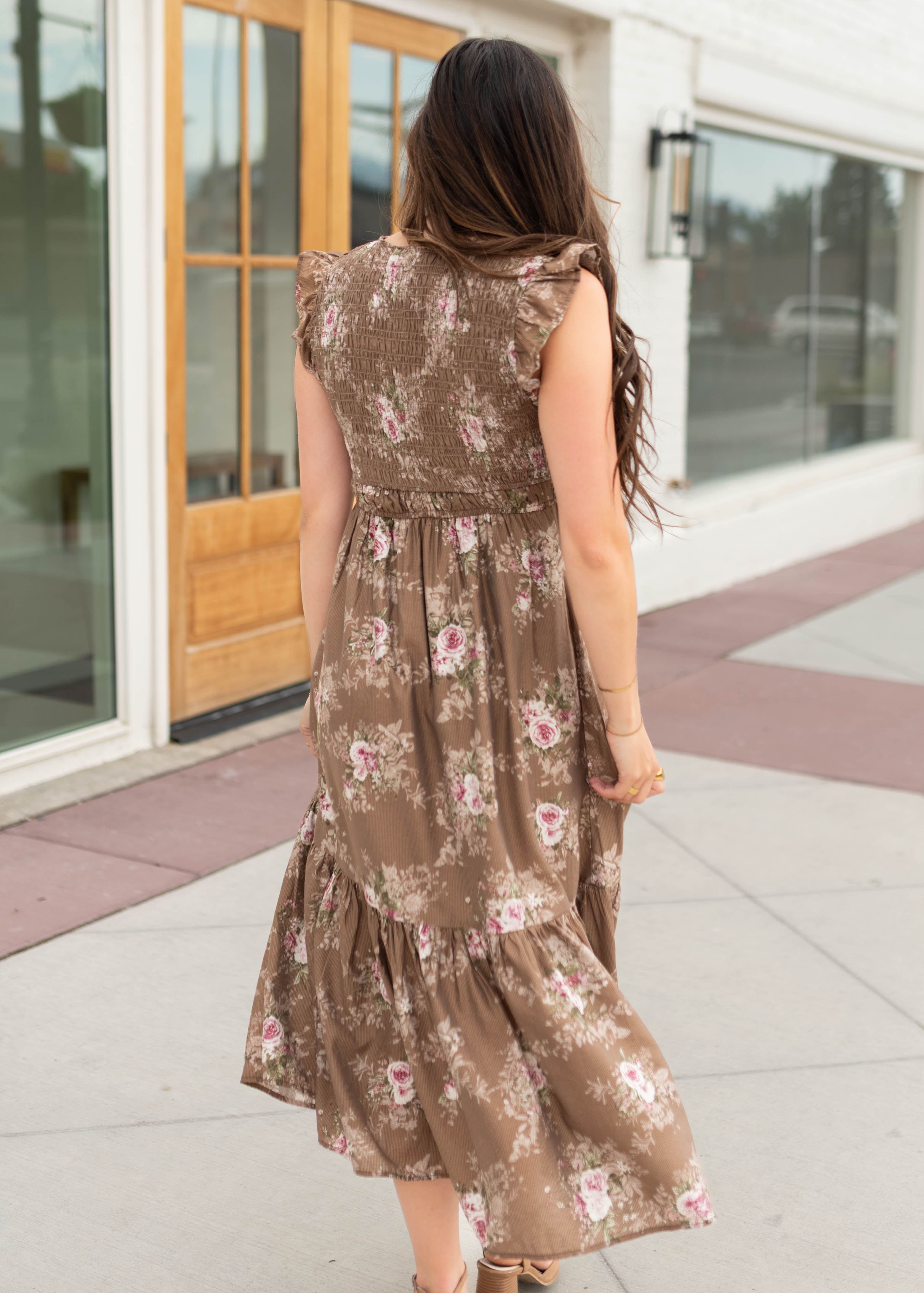 Britney Brown & Blush Floral Smocked Dress