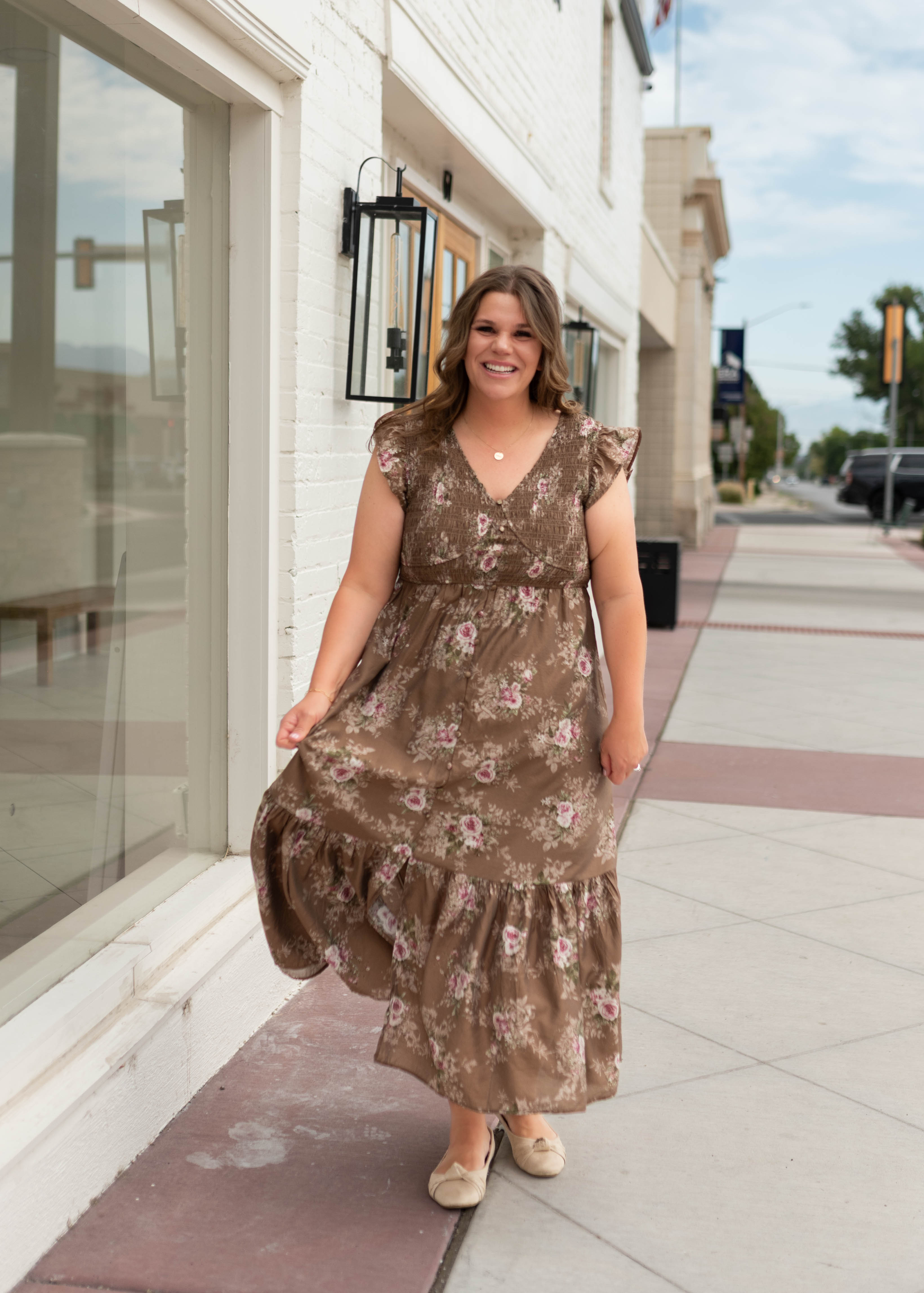 Britney Brown & Blush Floral Smocked Dress