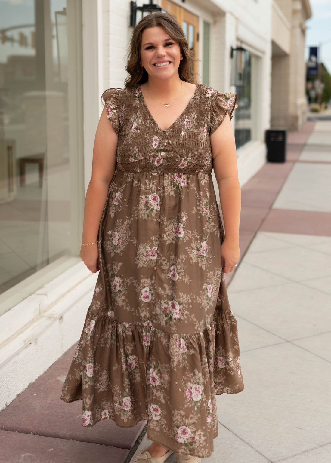 Britney Brown & Blush Floral Smocked Dress