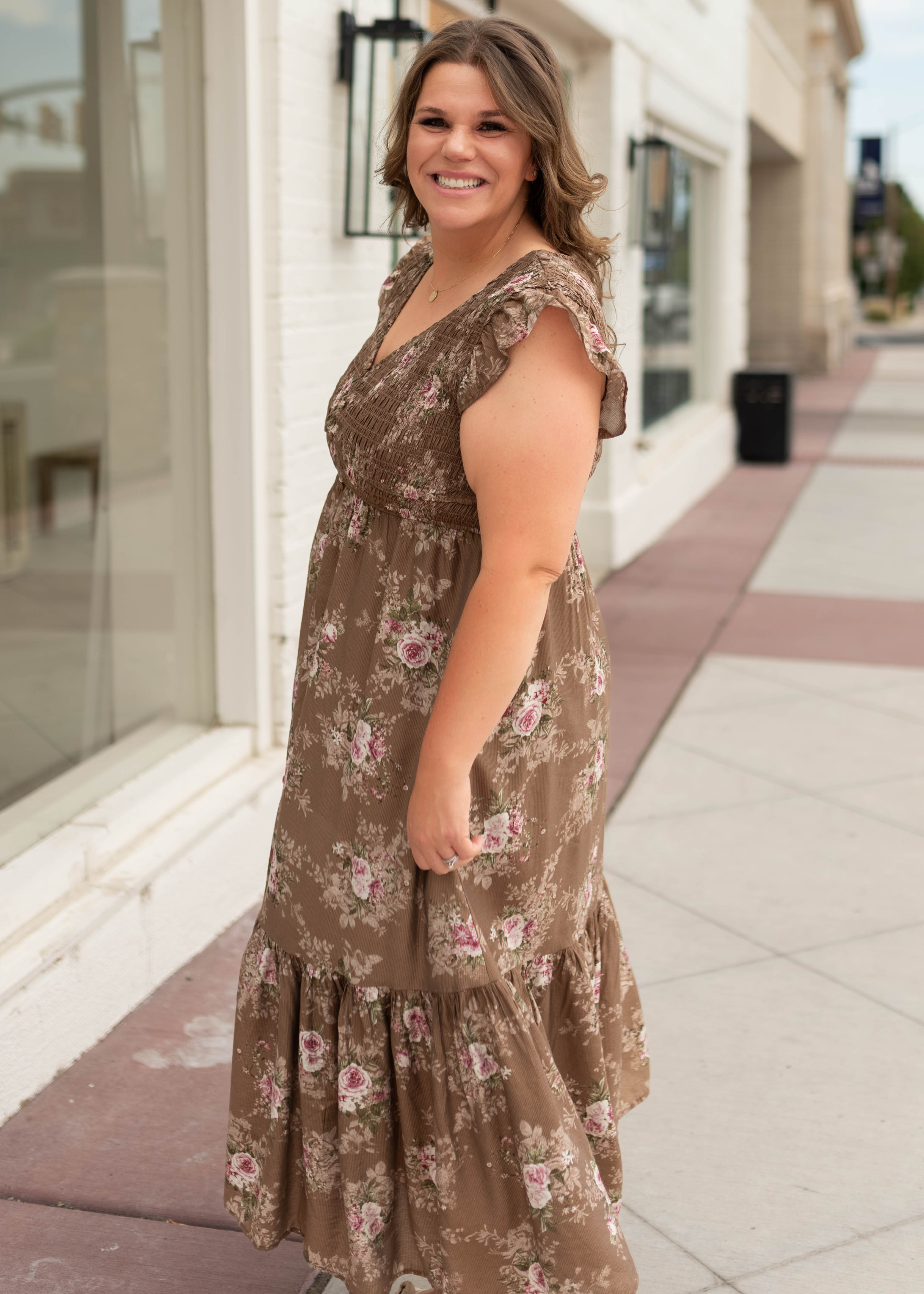 Britney Brown & Blush Floral Smocked Dress