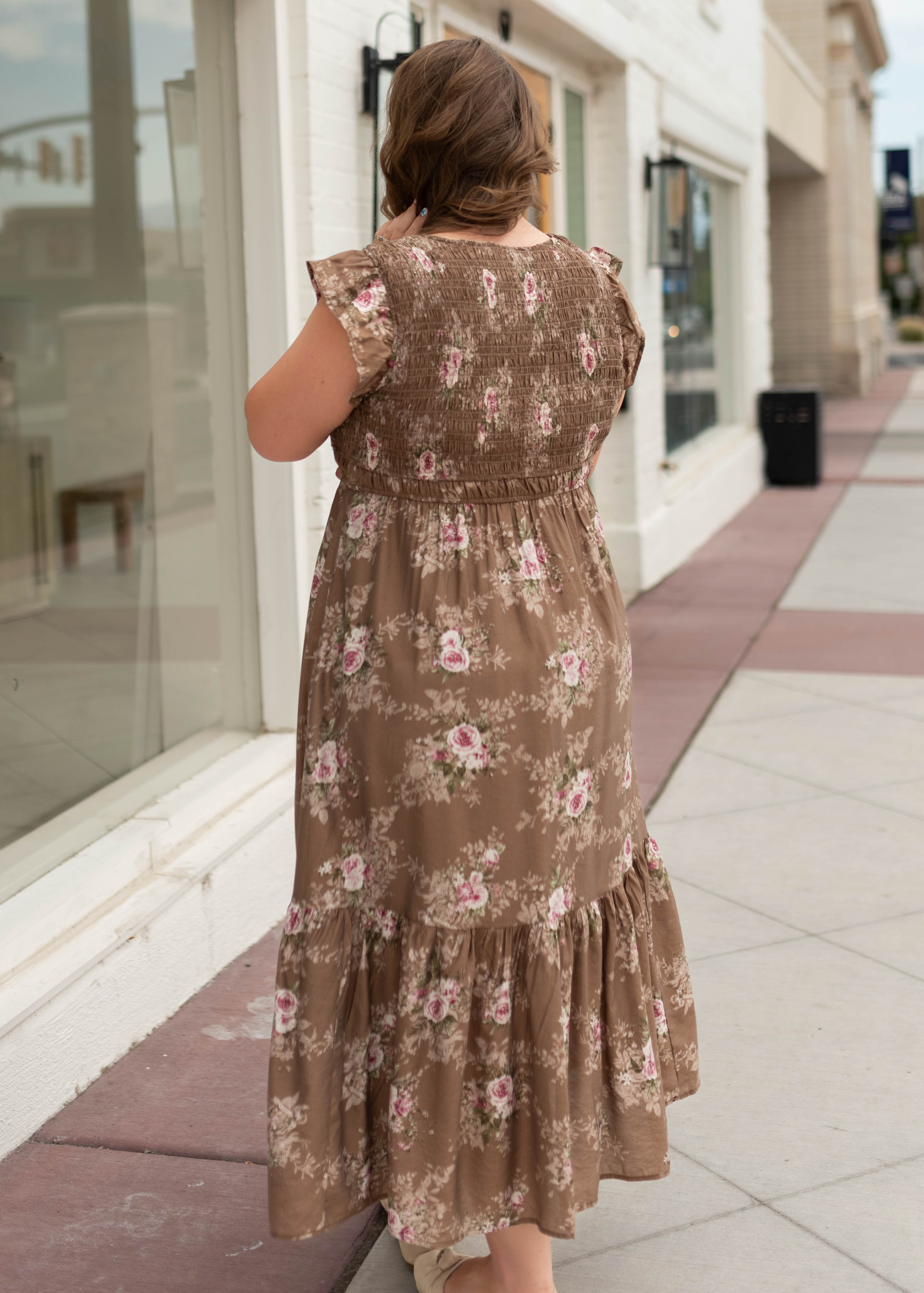 Britney Brown & Blush Floral Smocked Dress