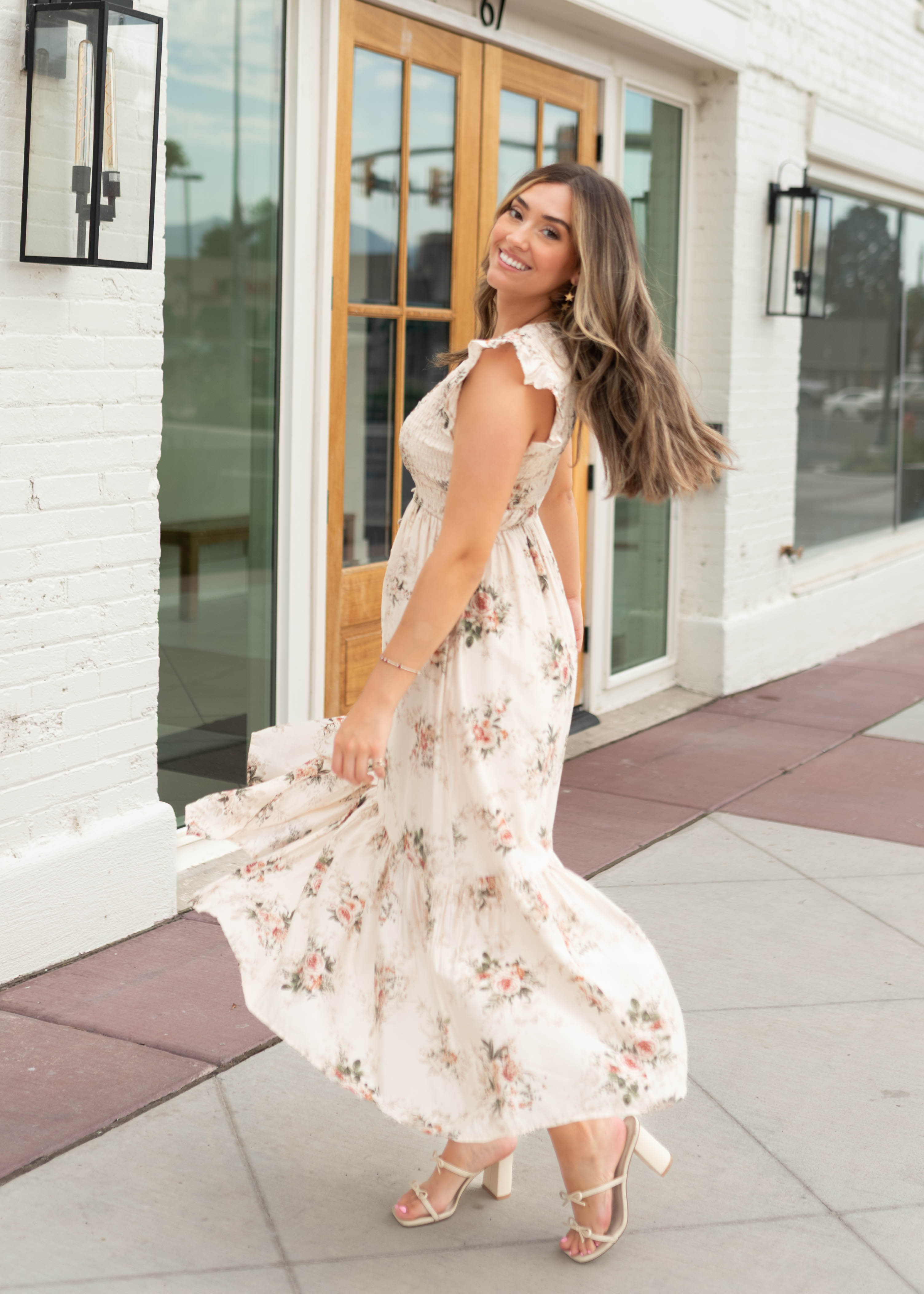 Britney Cream & Blush Floral Smocked Dress