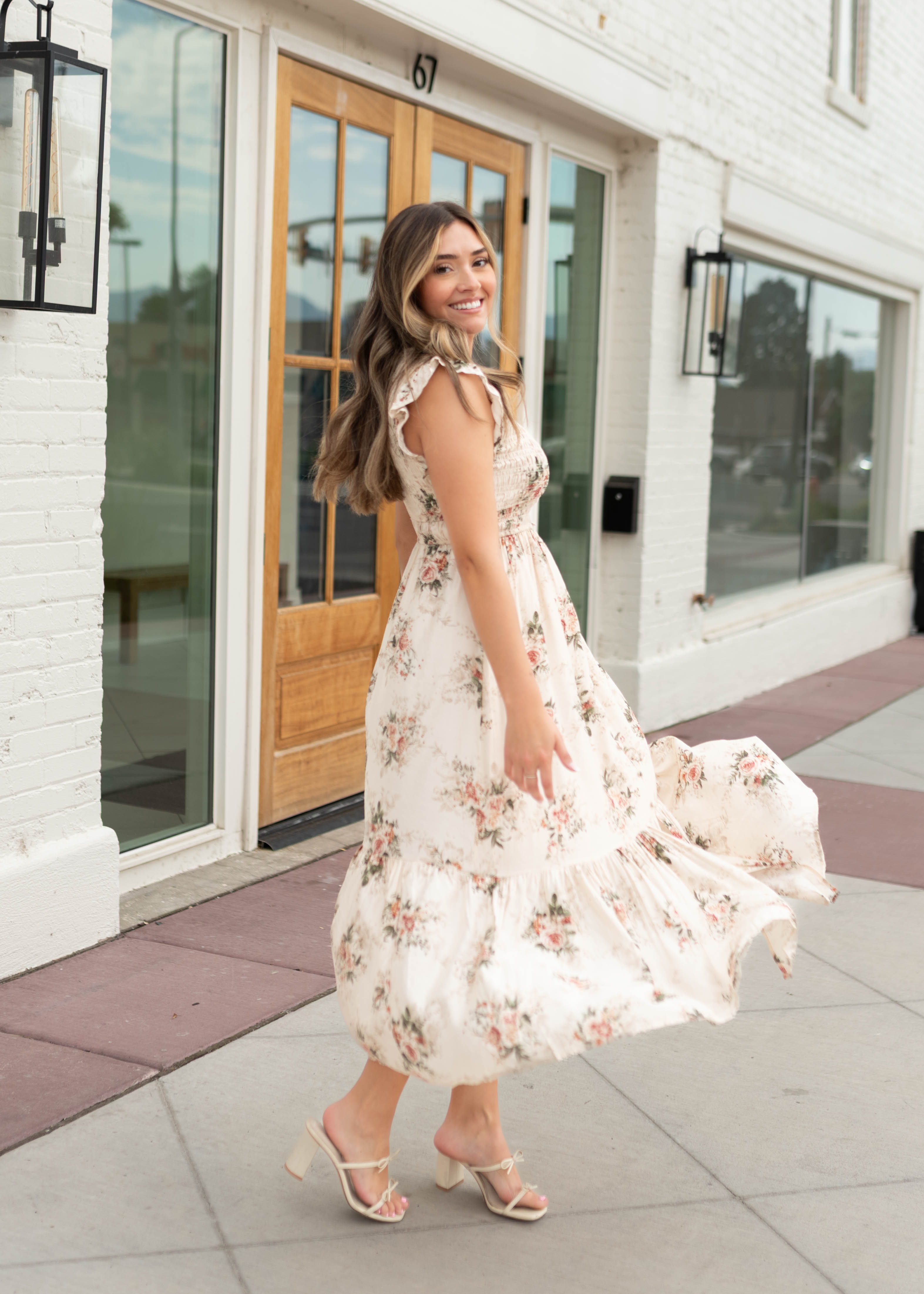 Britney Cream & Blush Floral Smocked Dress