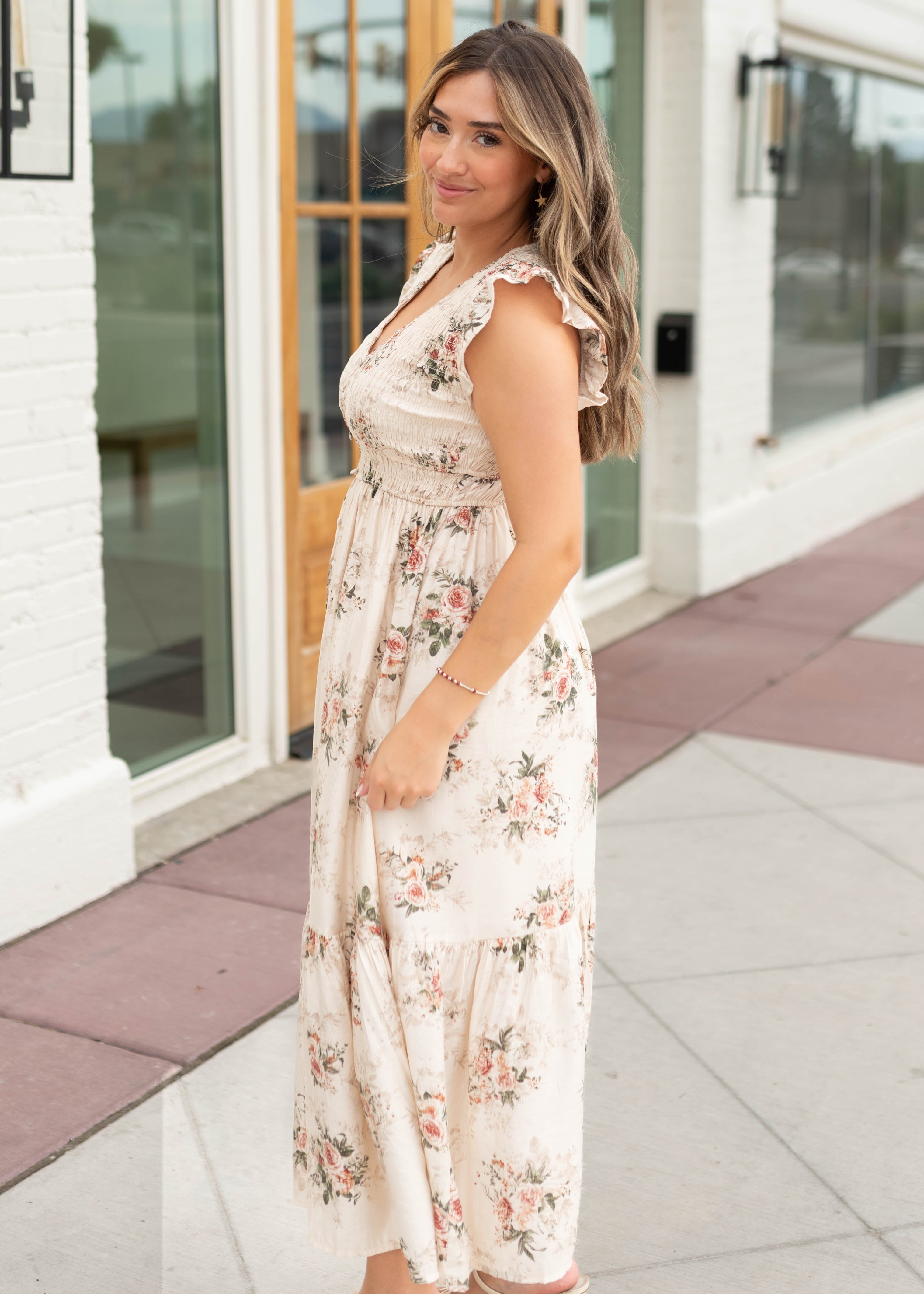 Britney Cream & Blush Floral Smocked Dress