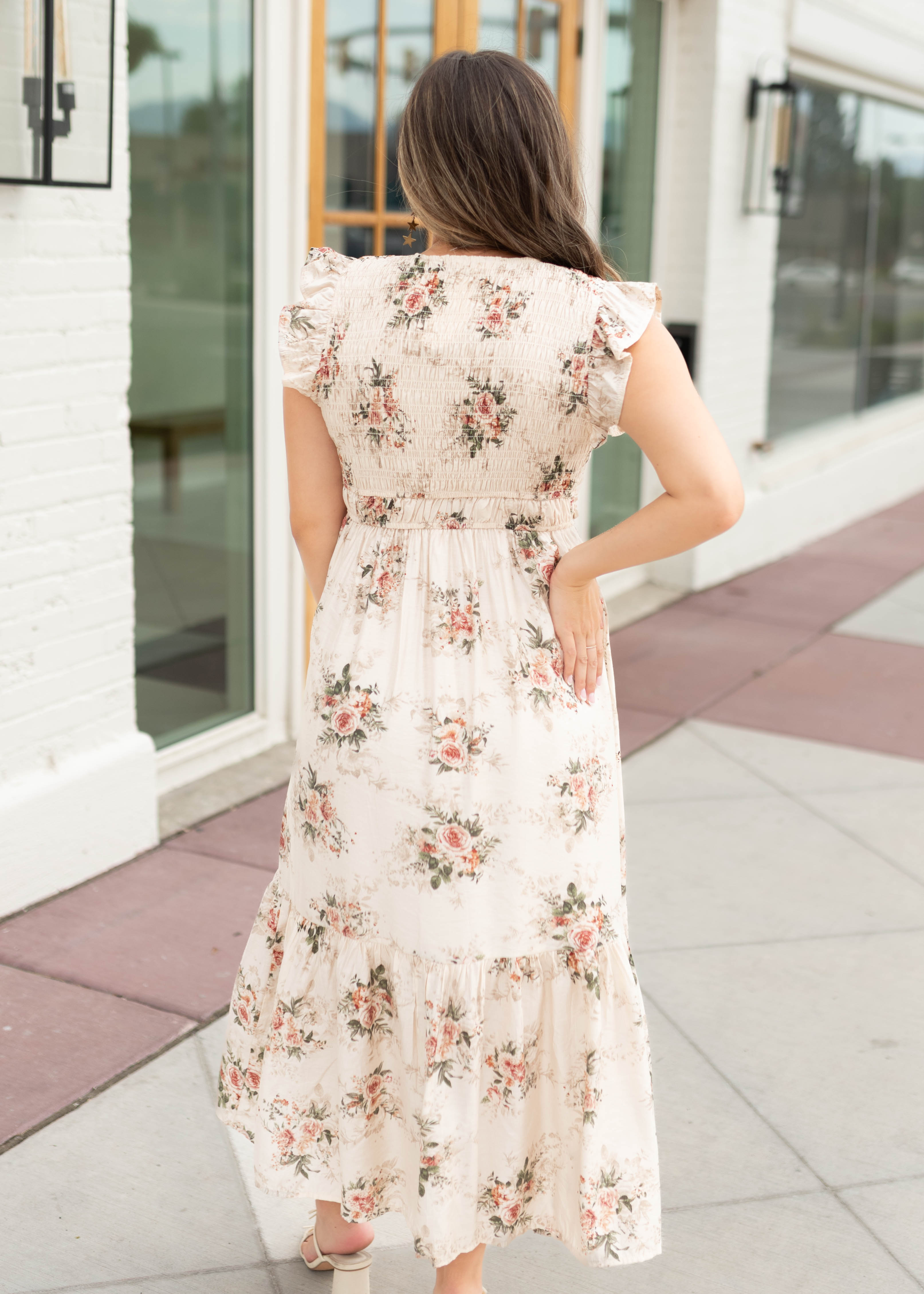 Britney Cream & Blush Floral Smocked Dress