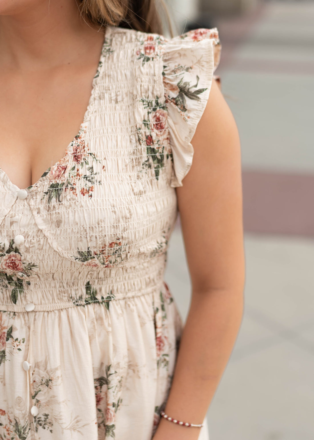 Britney Cream & Blush Floral Smocked Dress