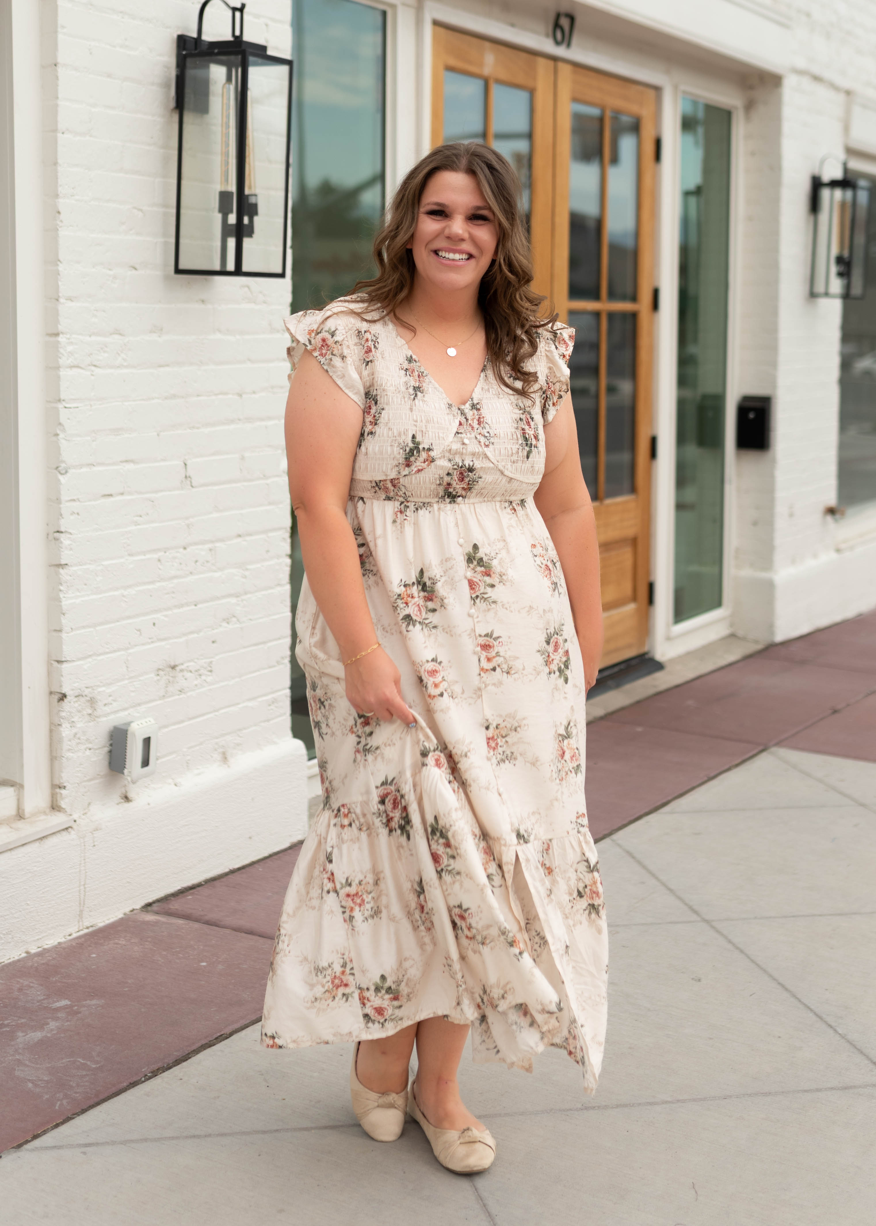 Britney Cream & Blush Floral Smocked Dress