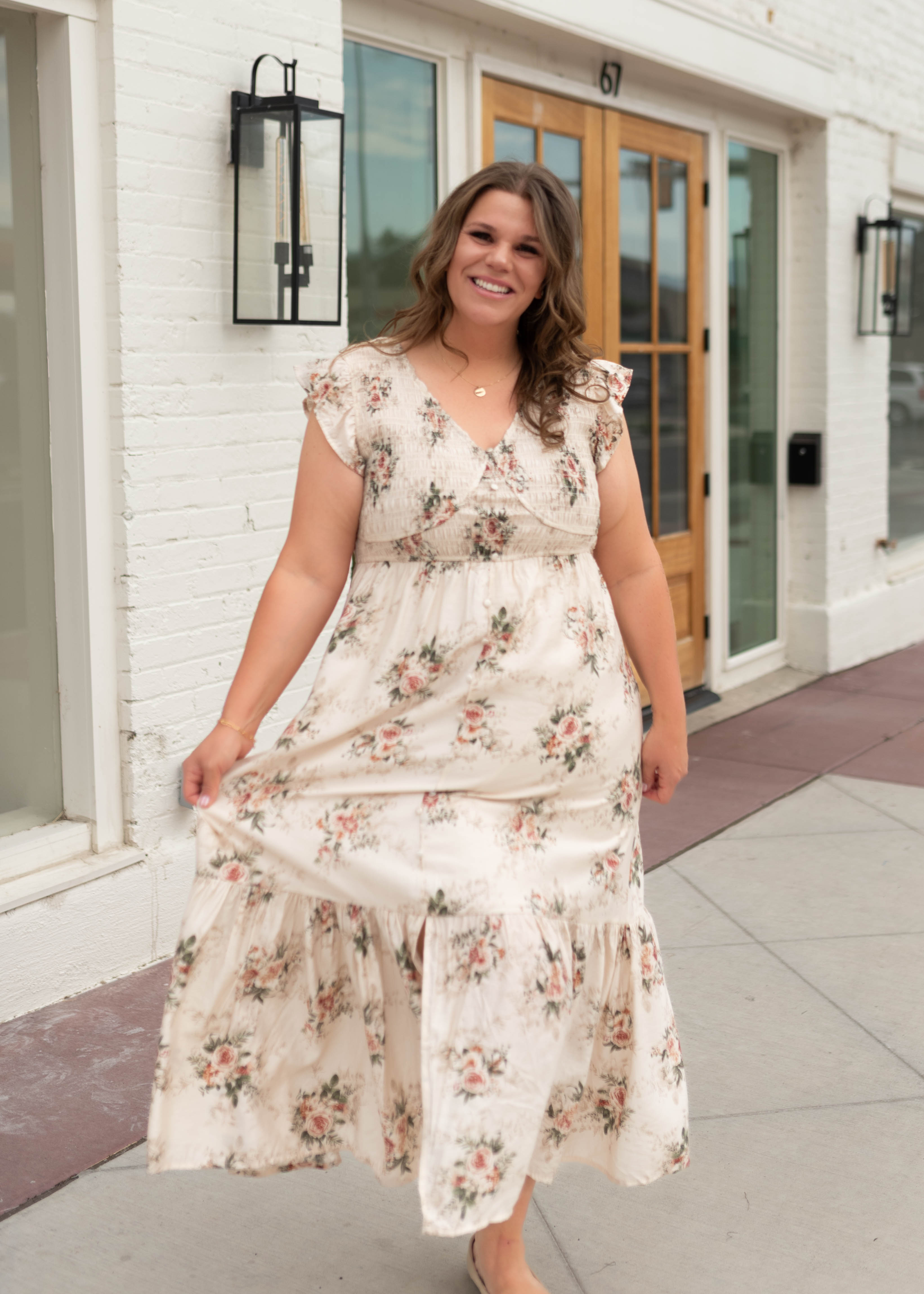 Britney Cream & Blush Floral Smocked Dress