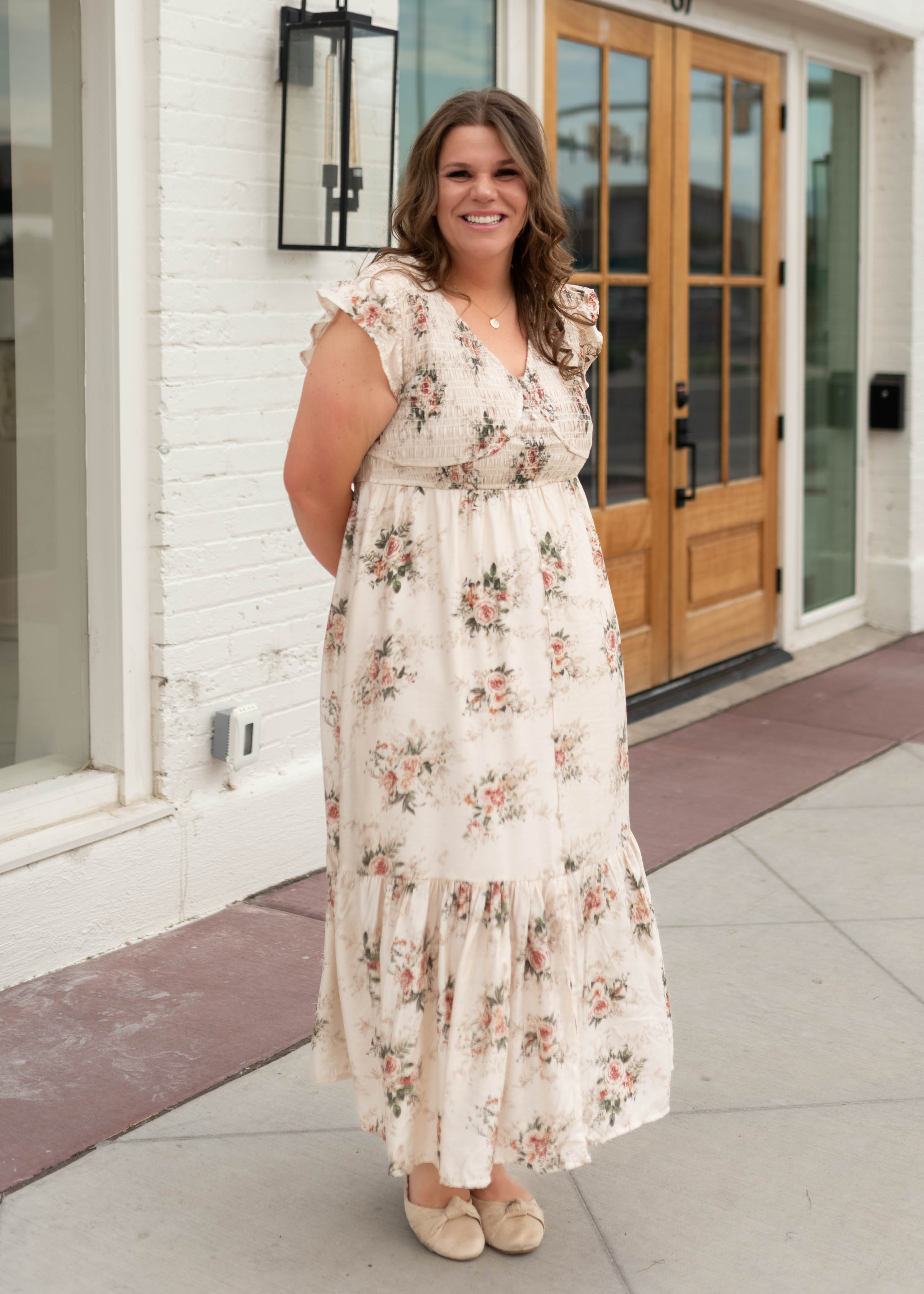 Britney Cream & Blush Floral Smocked Dress