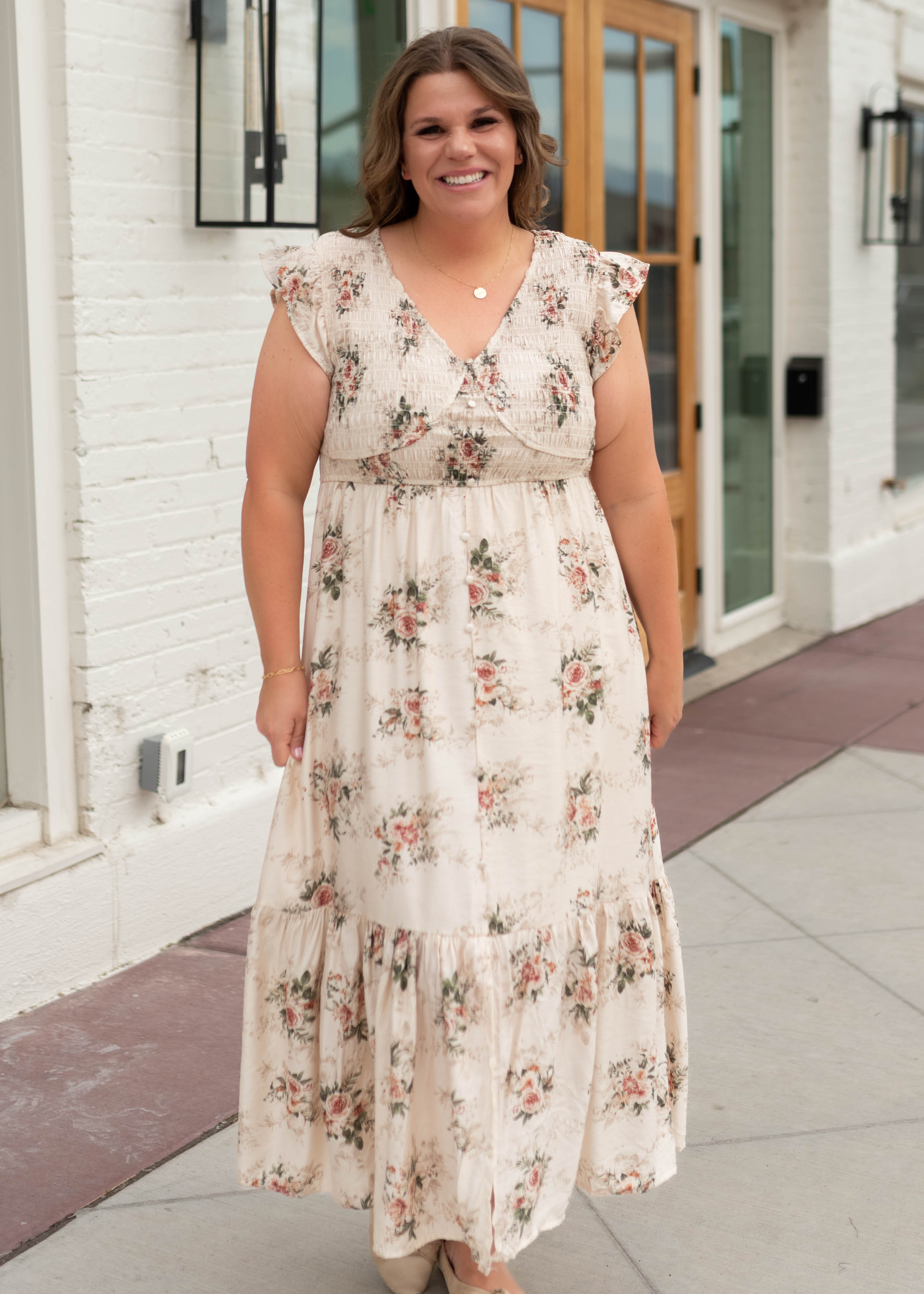 Britney Cream & Blush Floral Smocked Dress