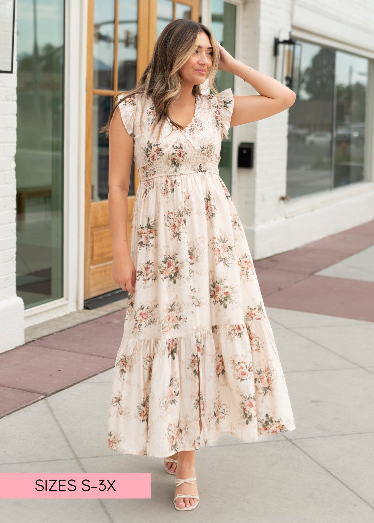 Britney Cream & Blush Floral Smocked Dress