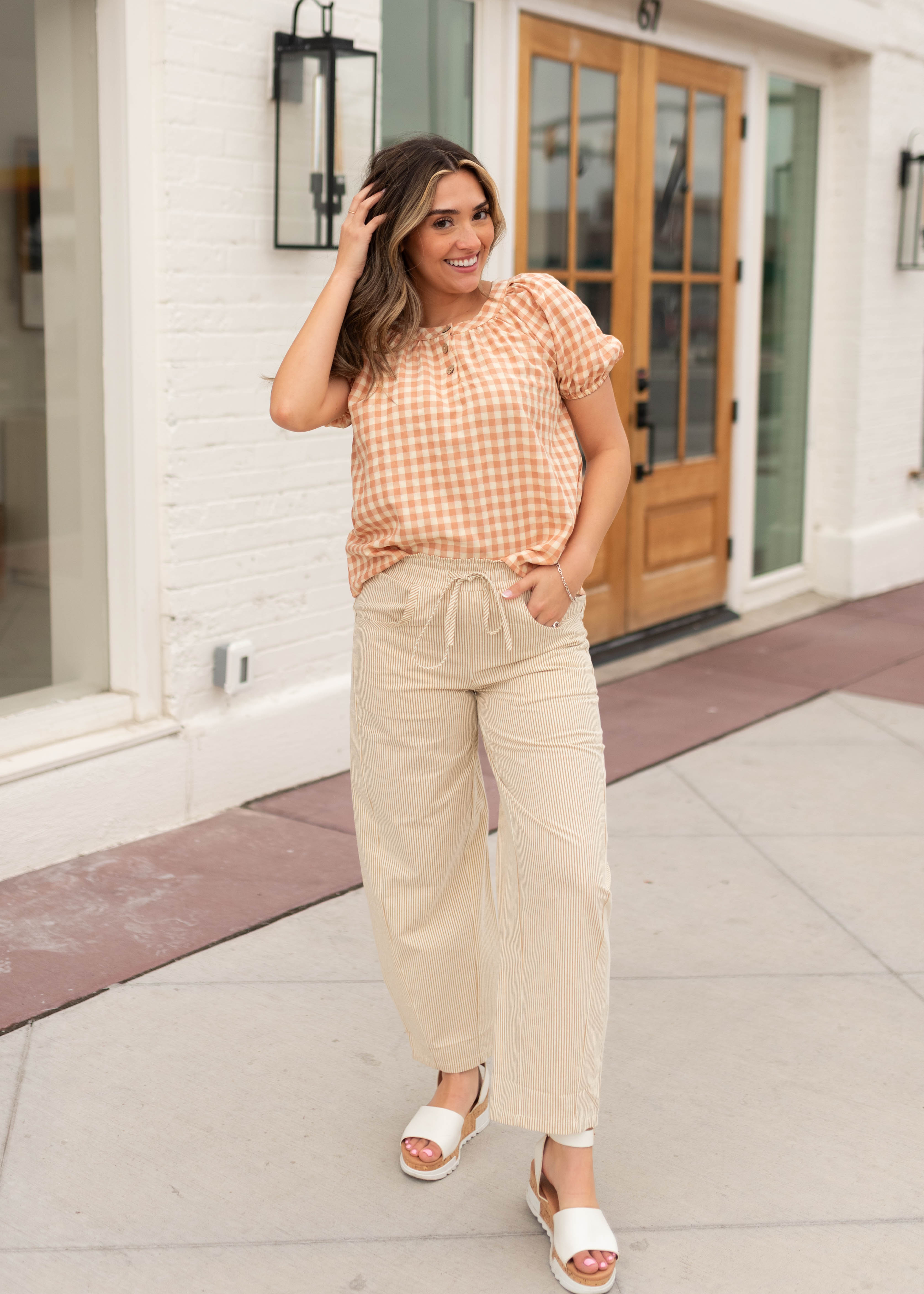Brynn Peach Gingham Blouse