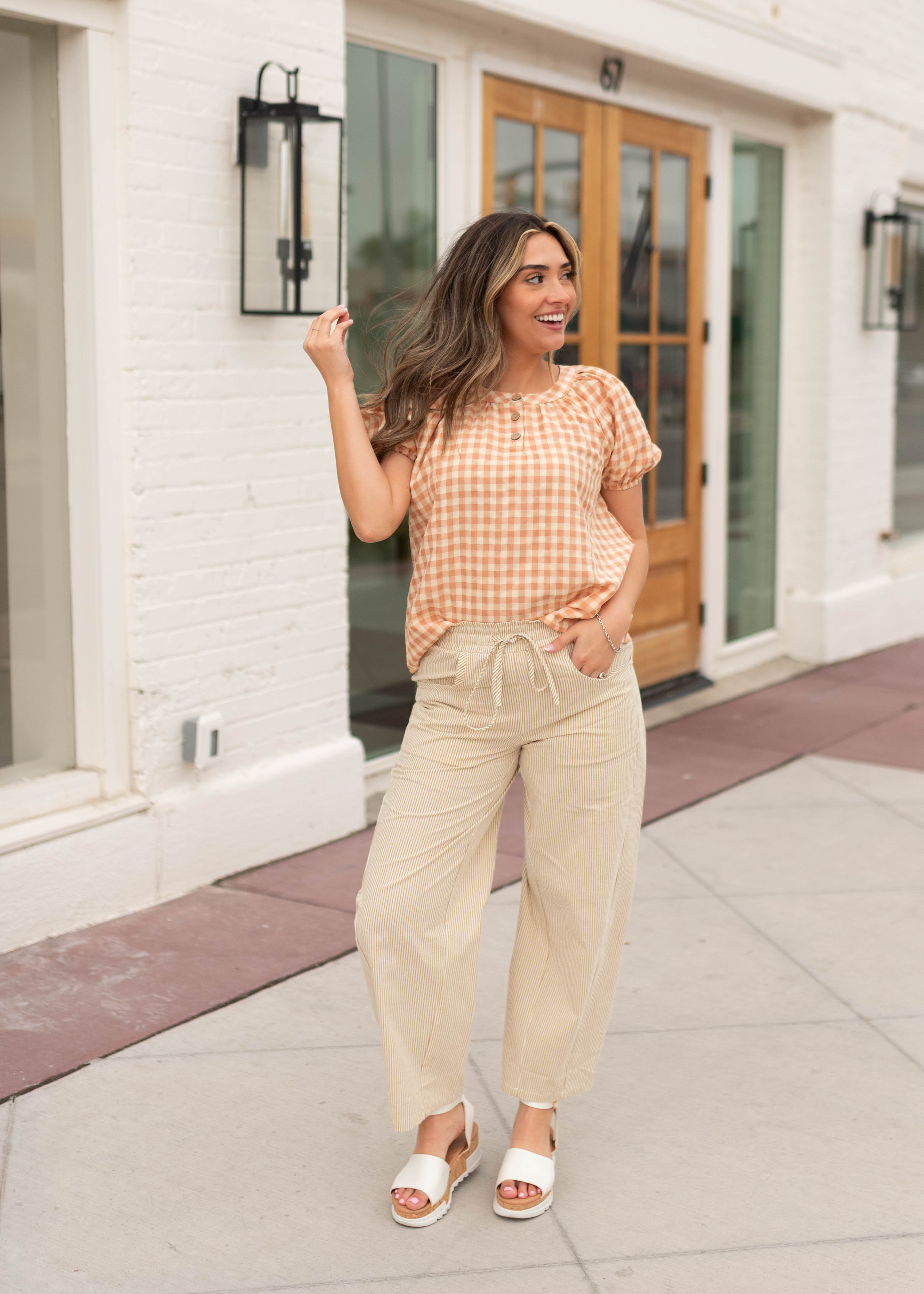 Brynn Peach Gingham Blouse