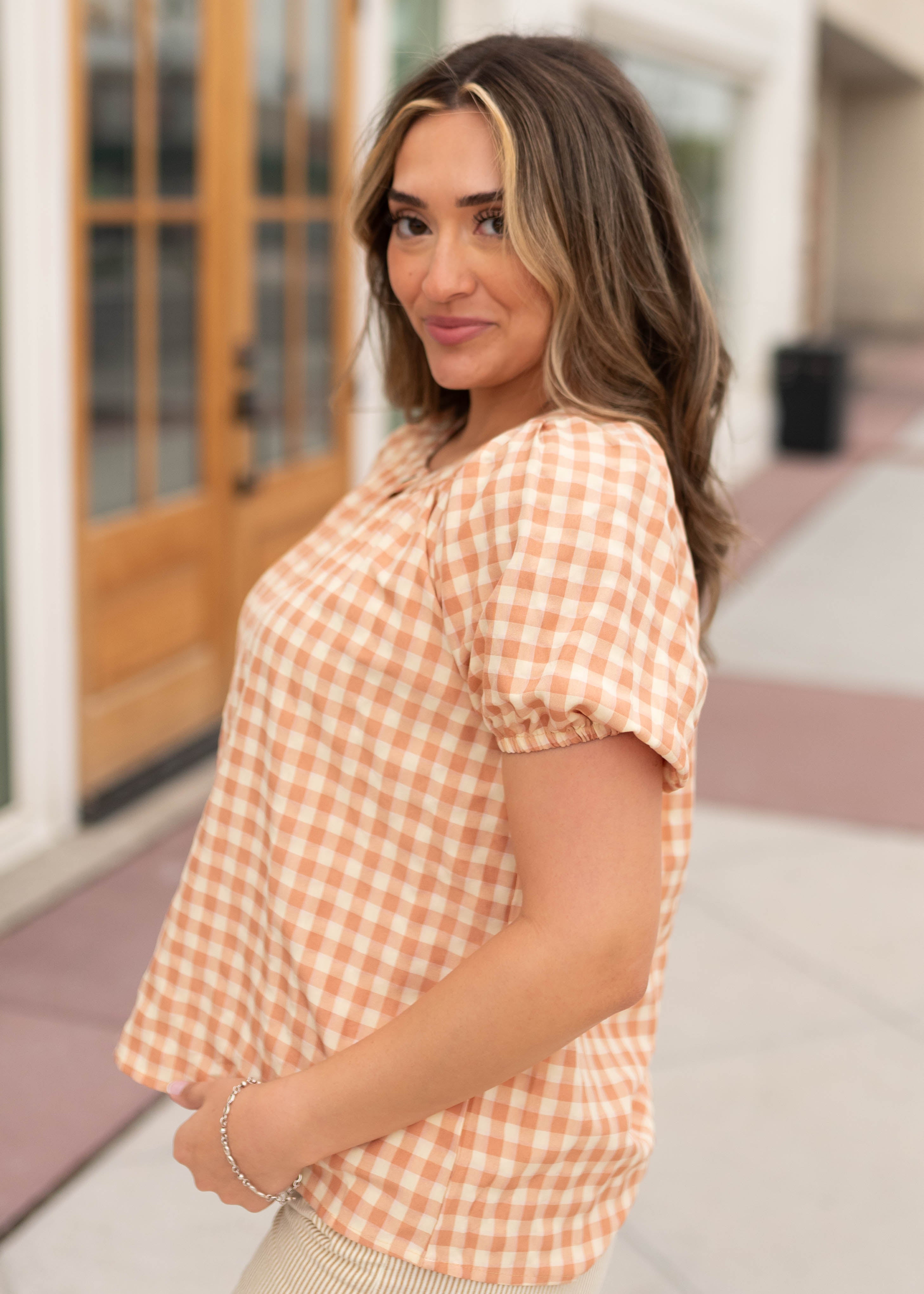 Brynn Peach Gingham Blouse