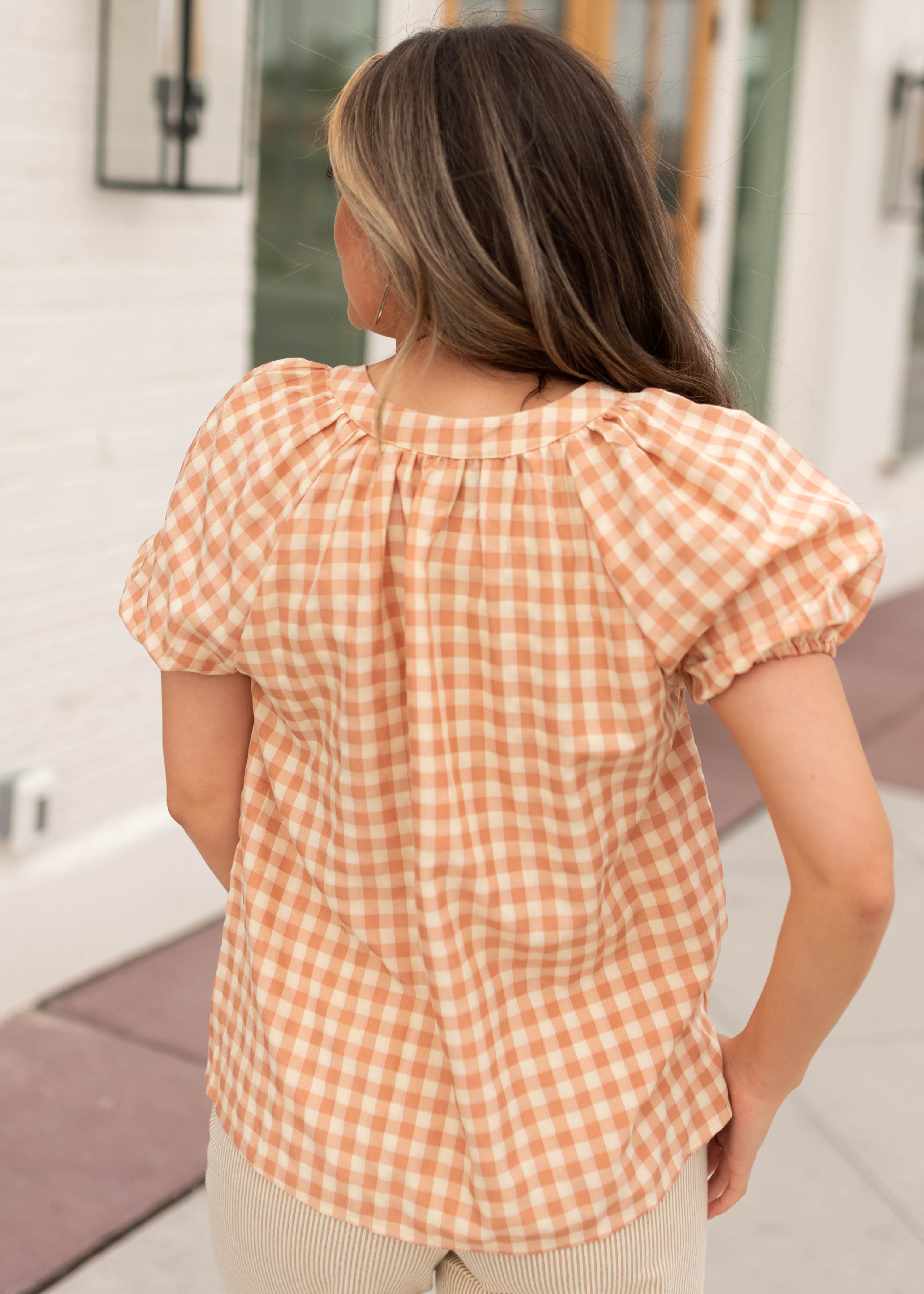 Brynn Peach Gingham Blouse