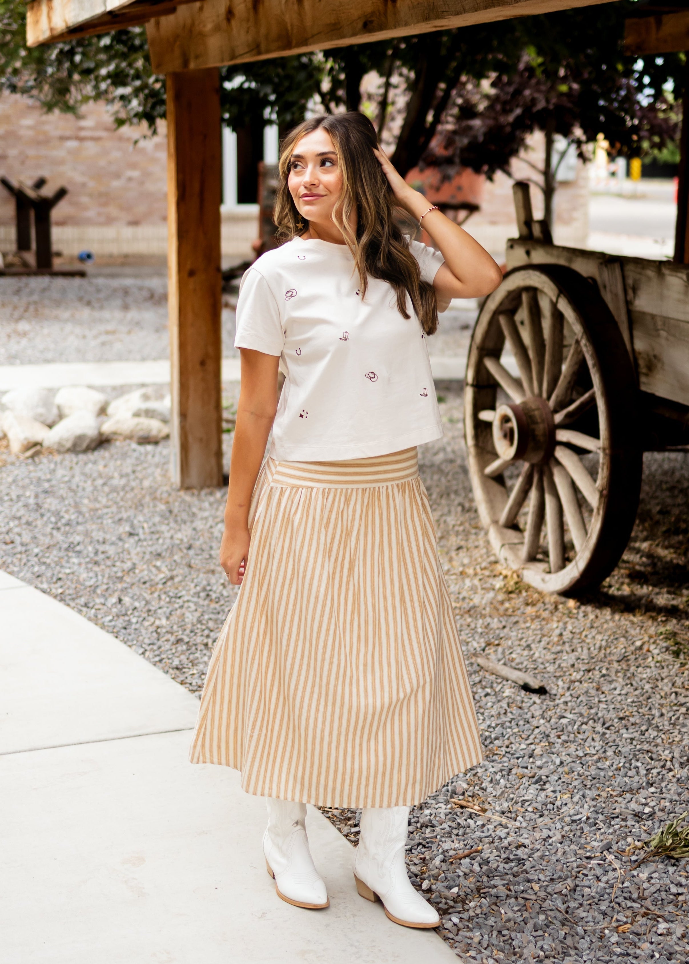 Candace Deep Taupe & Oatmeal Striped Midi Skirt