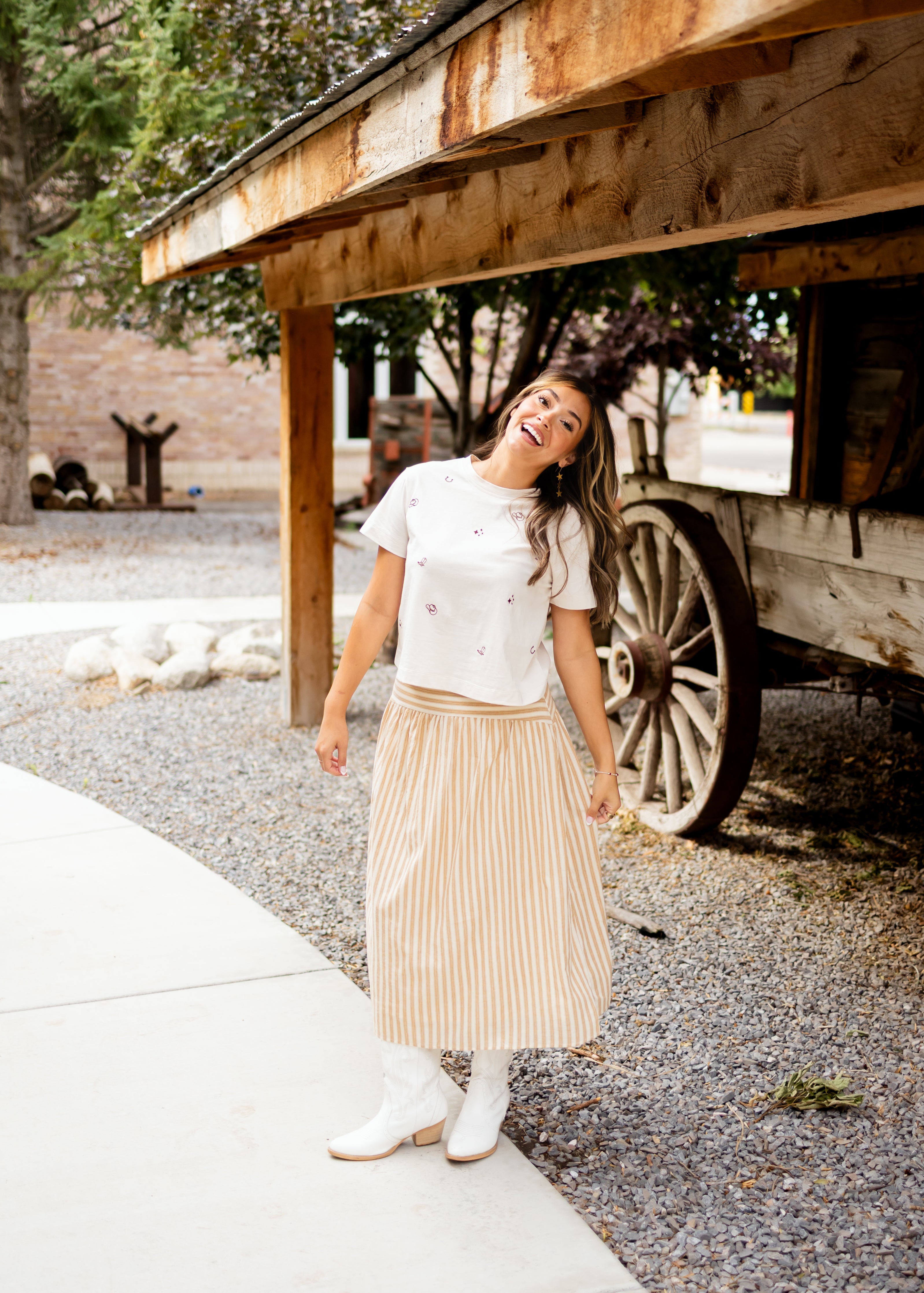 Candace Deep Taupe & Oatmeal Striped Midi Skirt