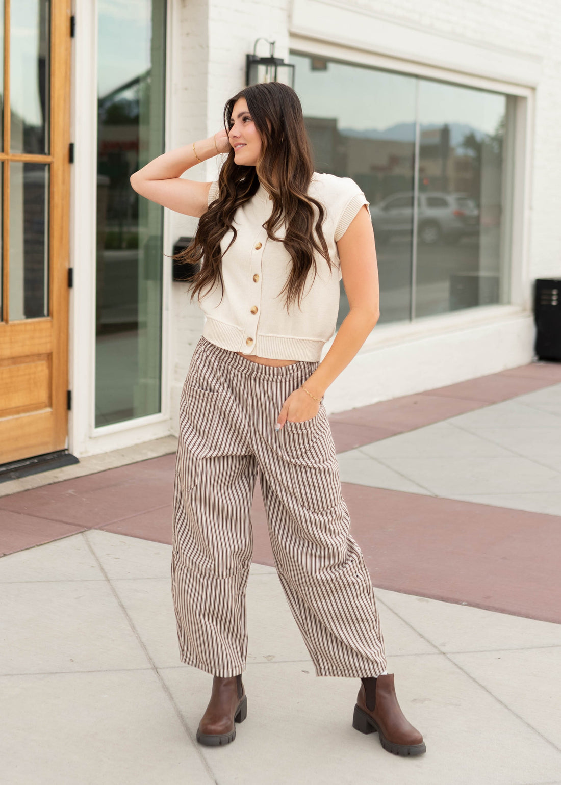 Chantel Brown & White Striped Barrel Pants