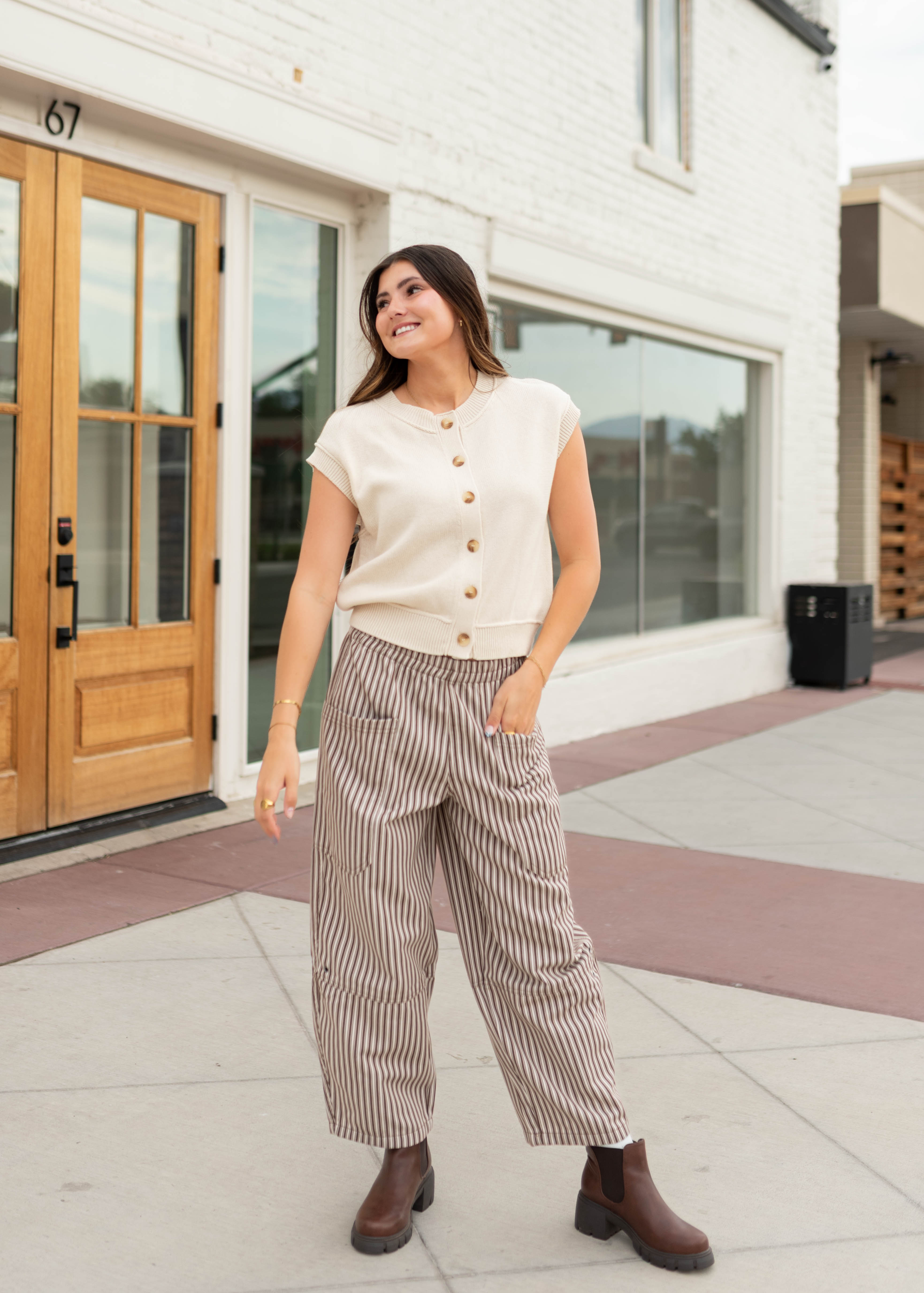 Chantel Brown & White Striped Barrel Pants