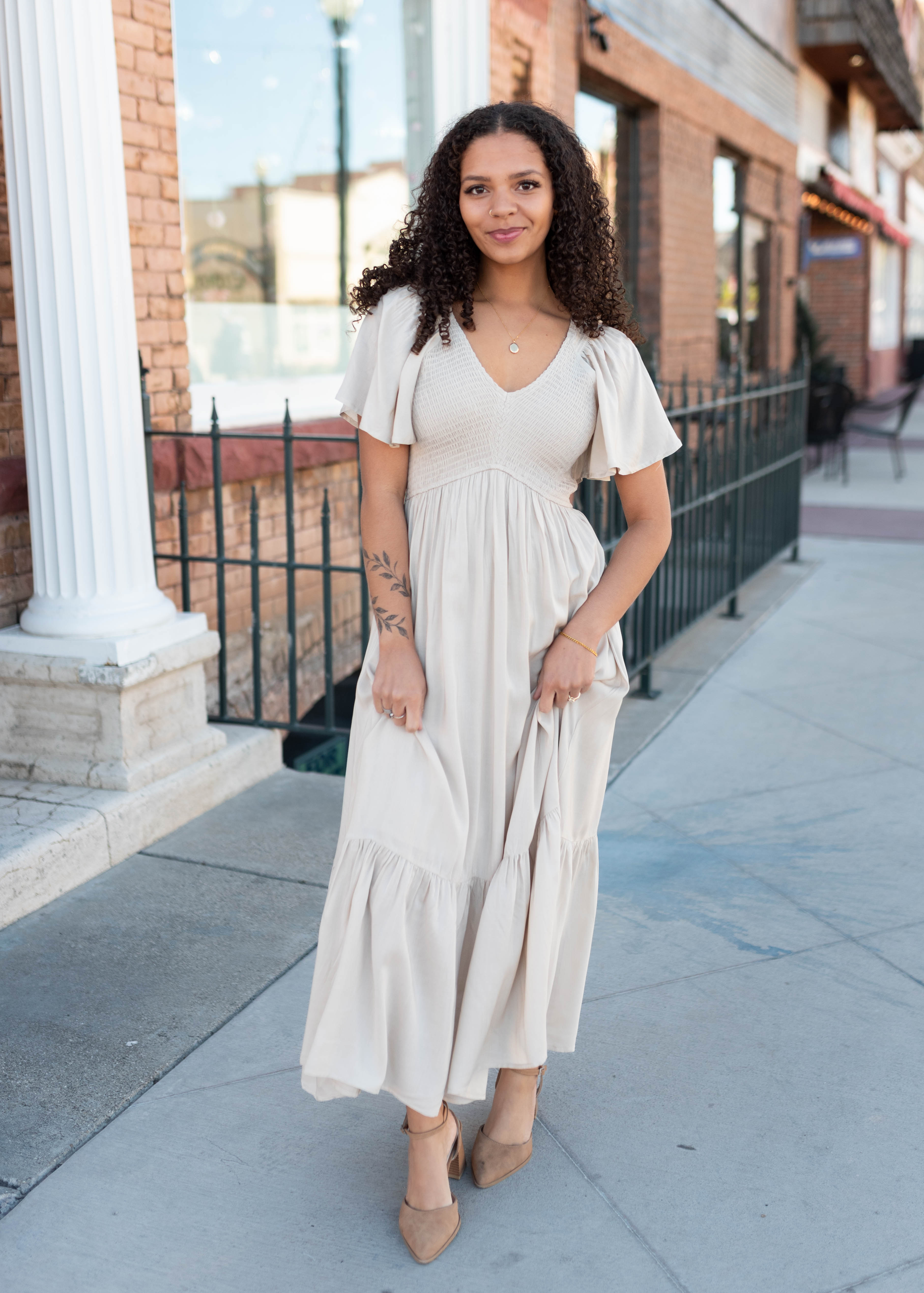 Charlie Taupe Smocked Dress