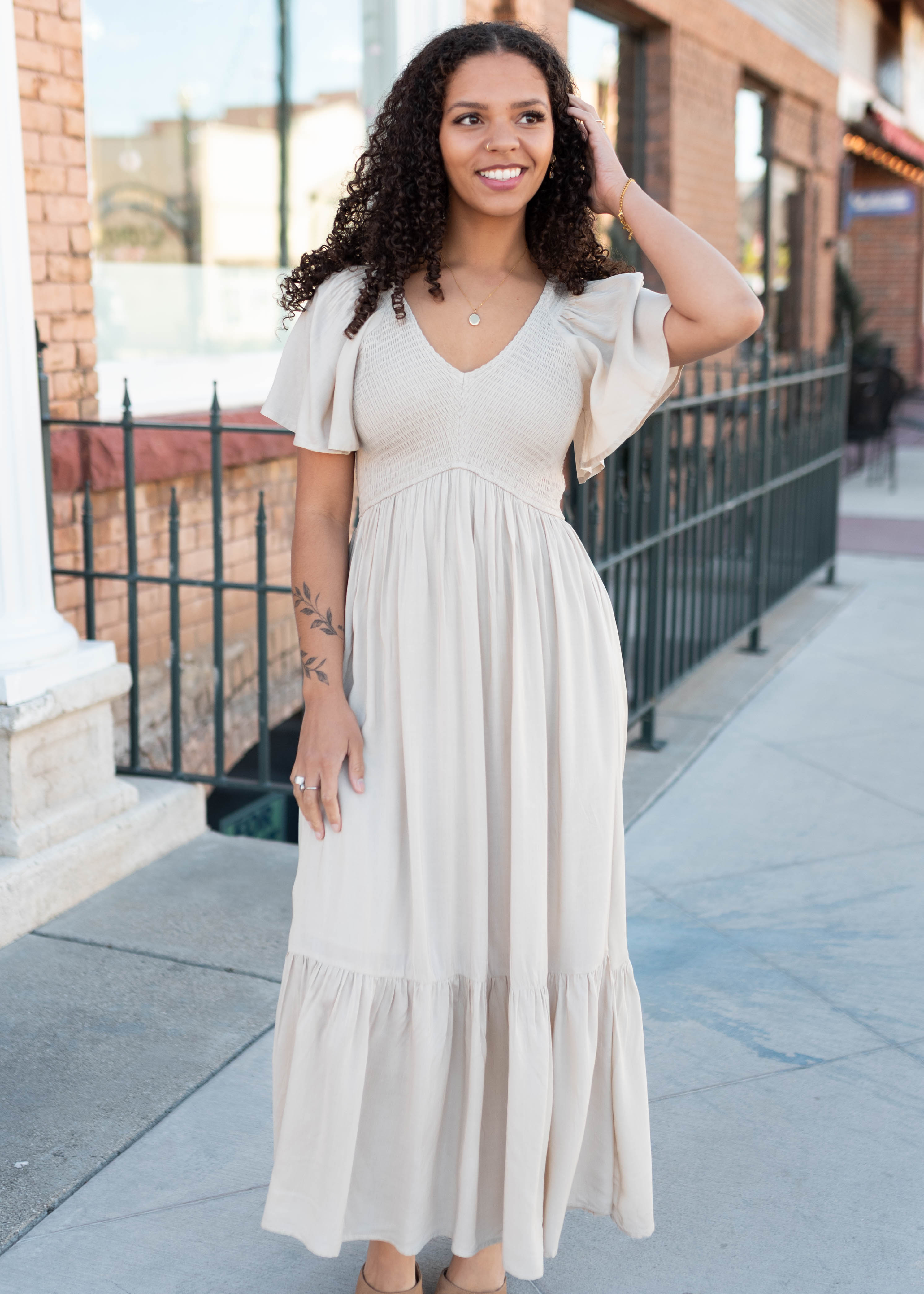 Charlie Taupe Smocked Dress