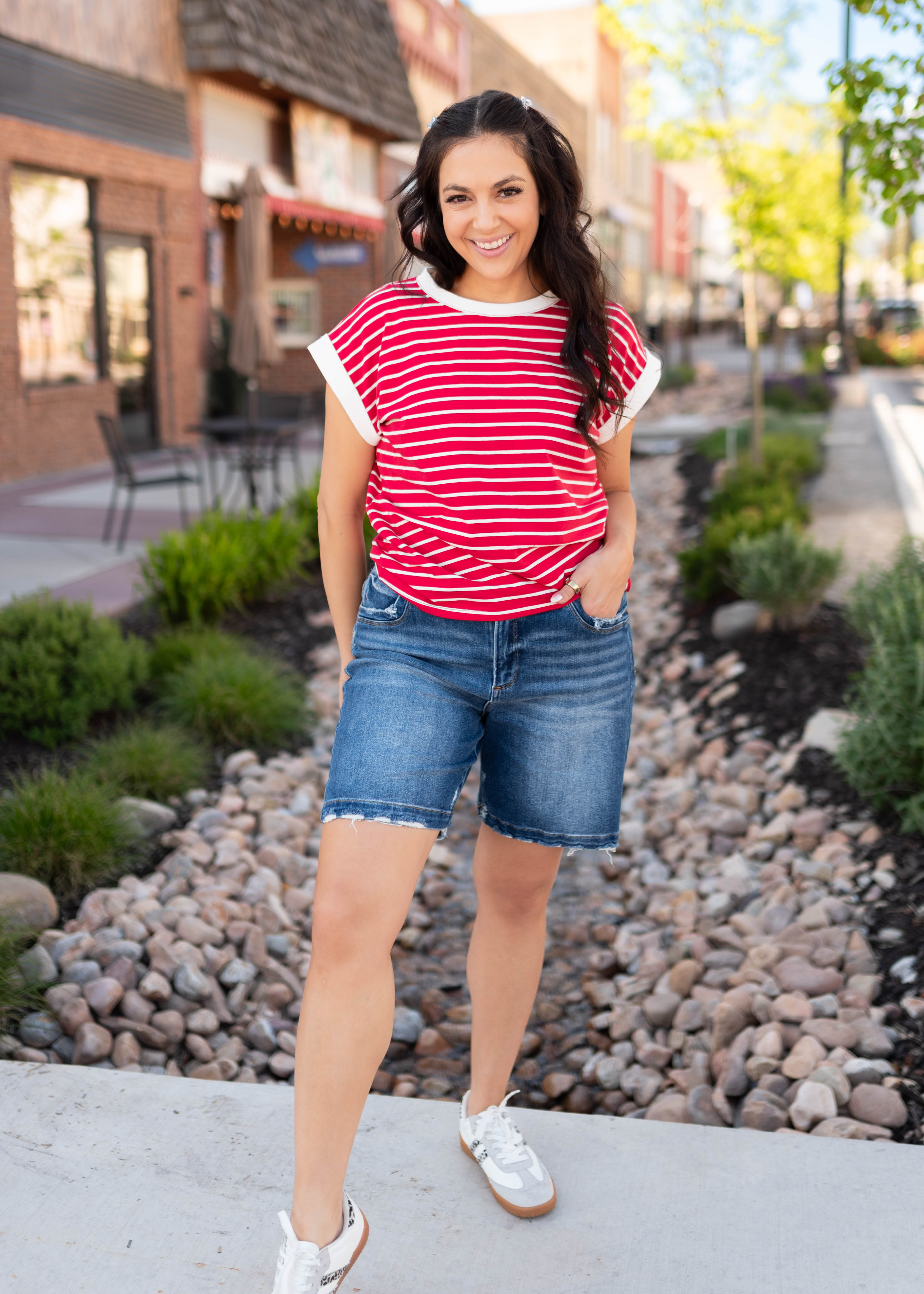 Clare Red Striped Cap Sleeve Top
