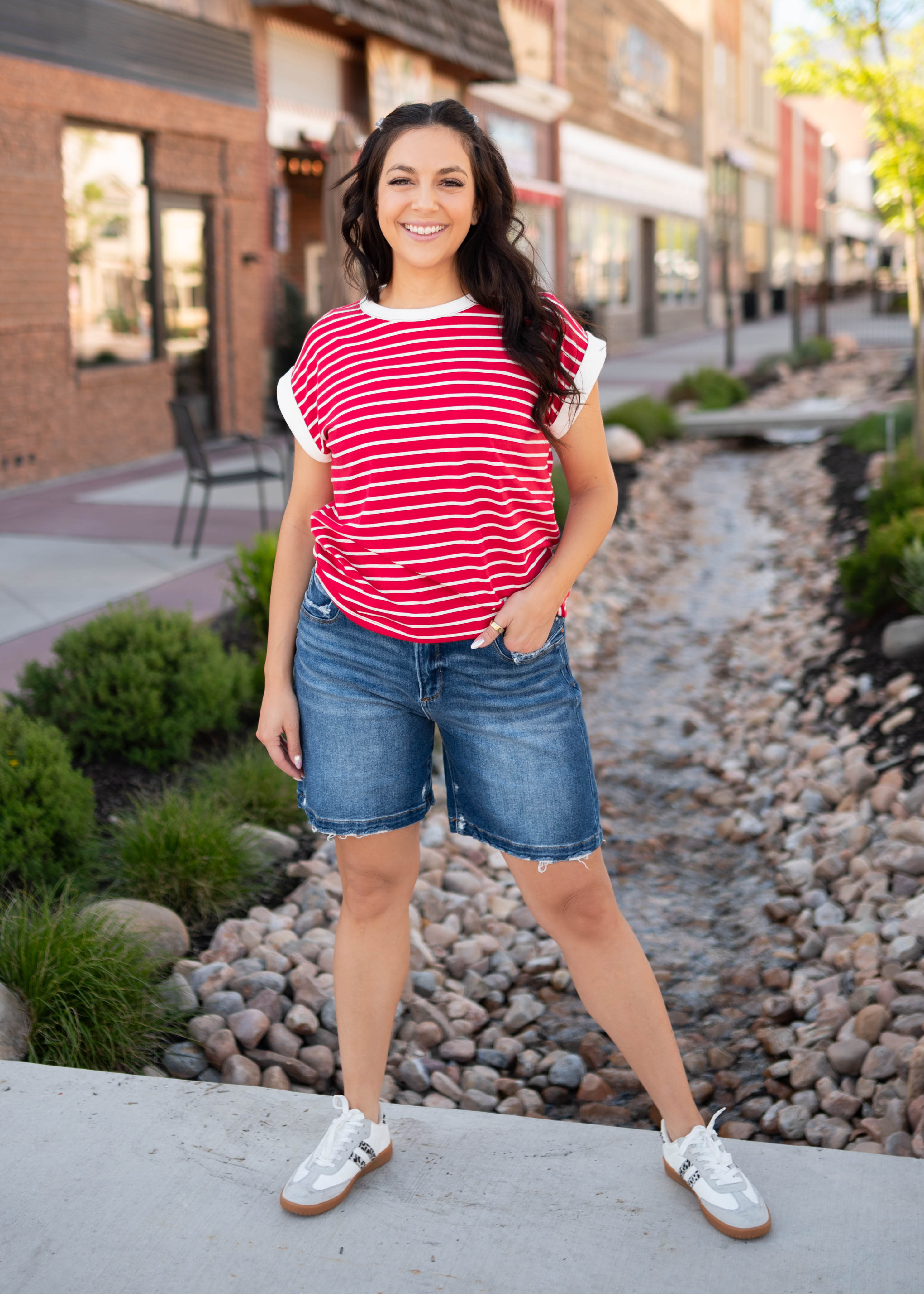 Clare Red Striped Cap Sleeve Top