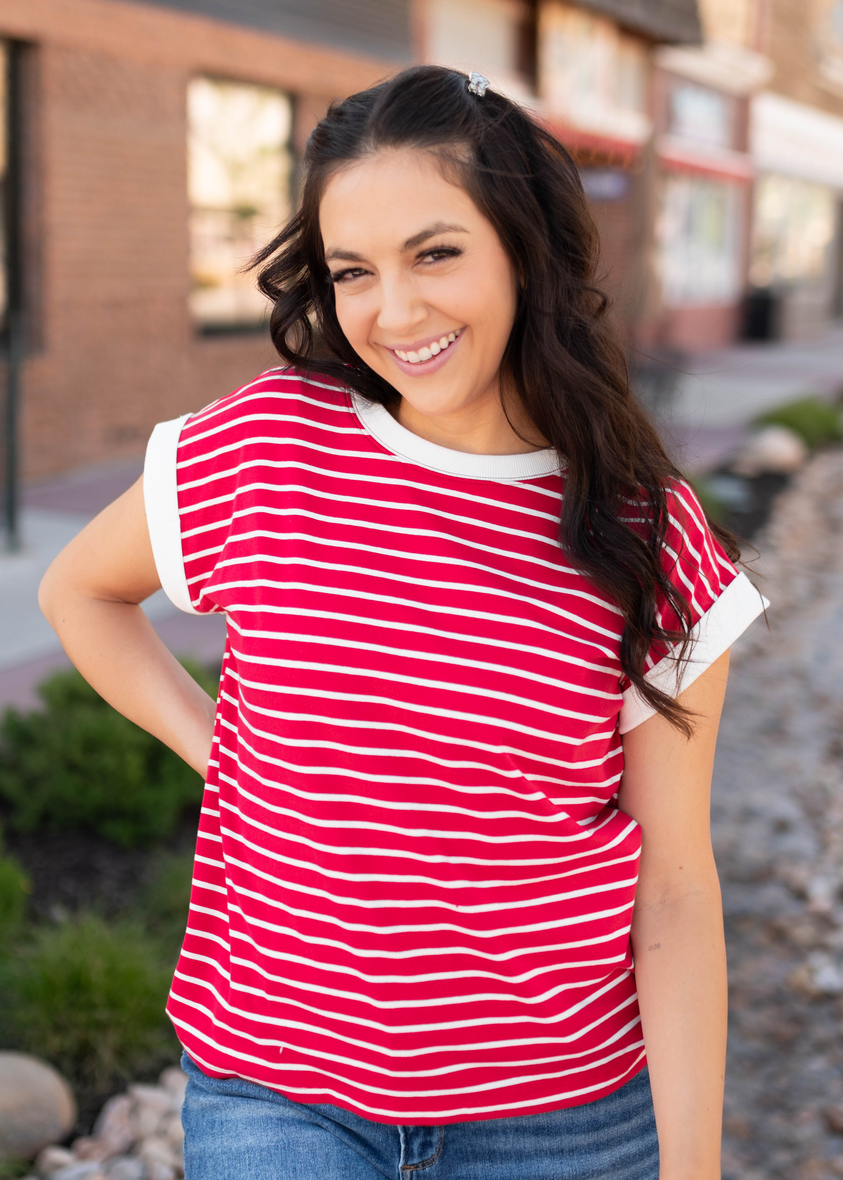 Clare Red Striped Cap Sleeve Top