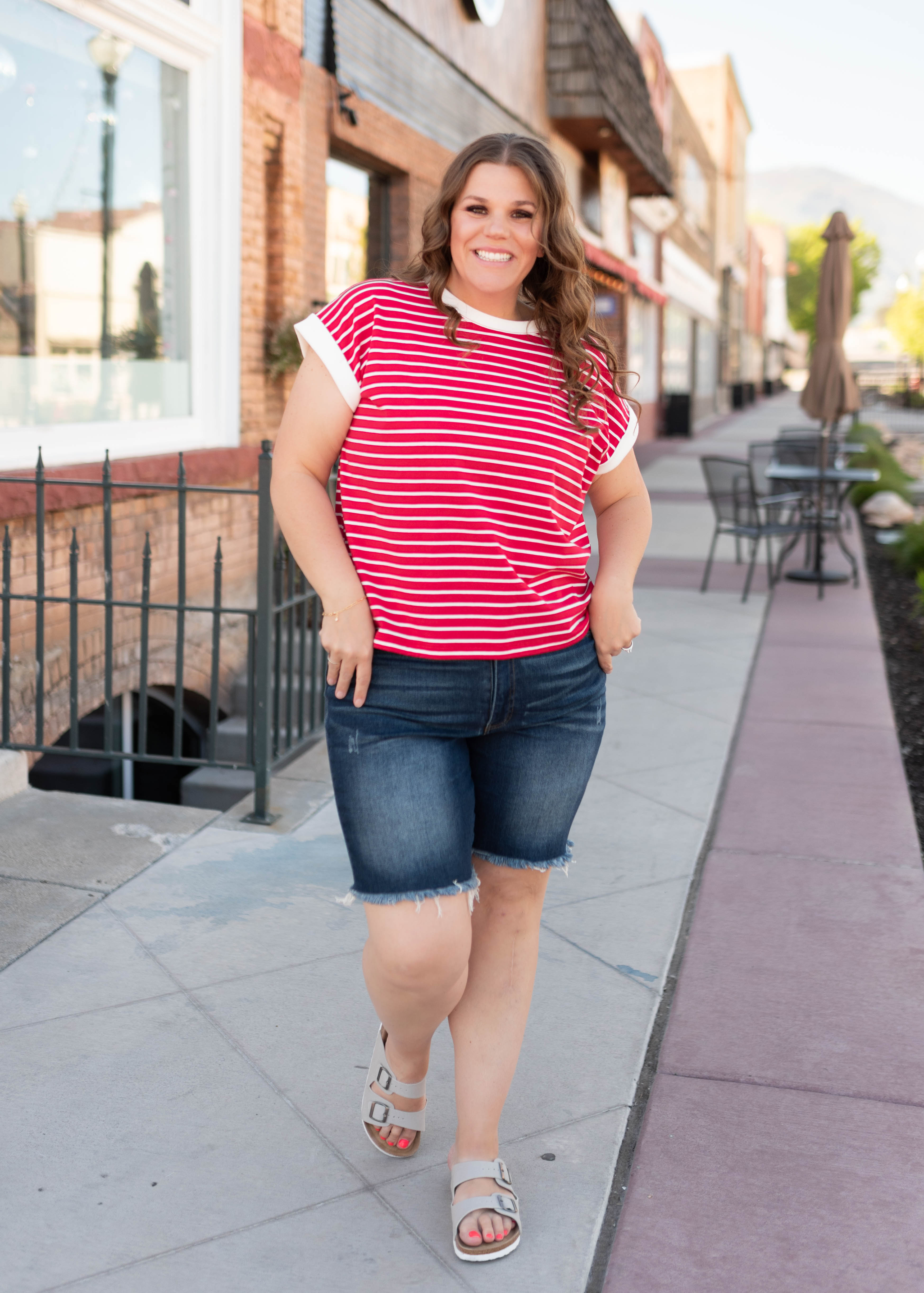 Clare Red Striped Cap Sleeve Top