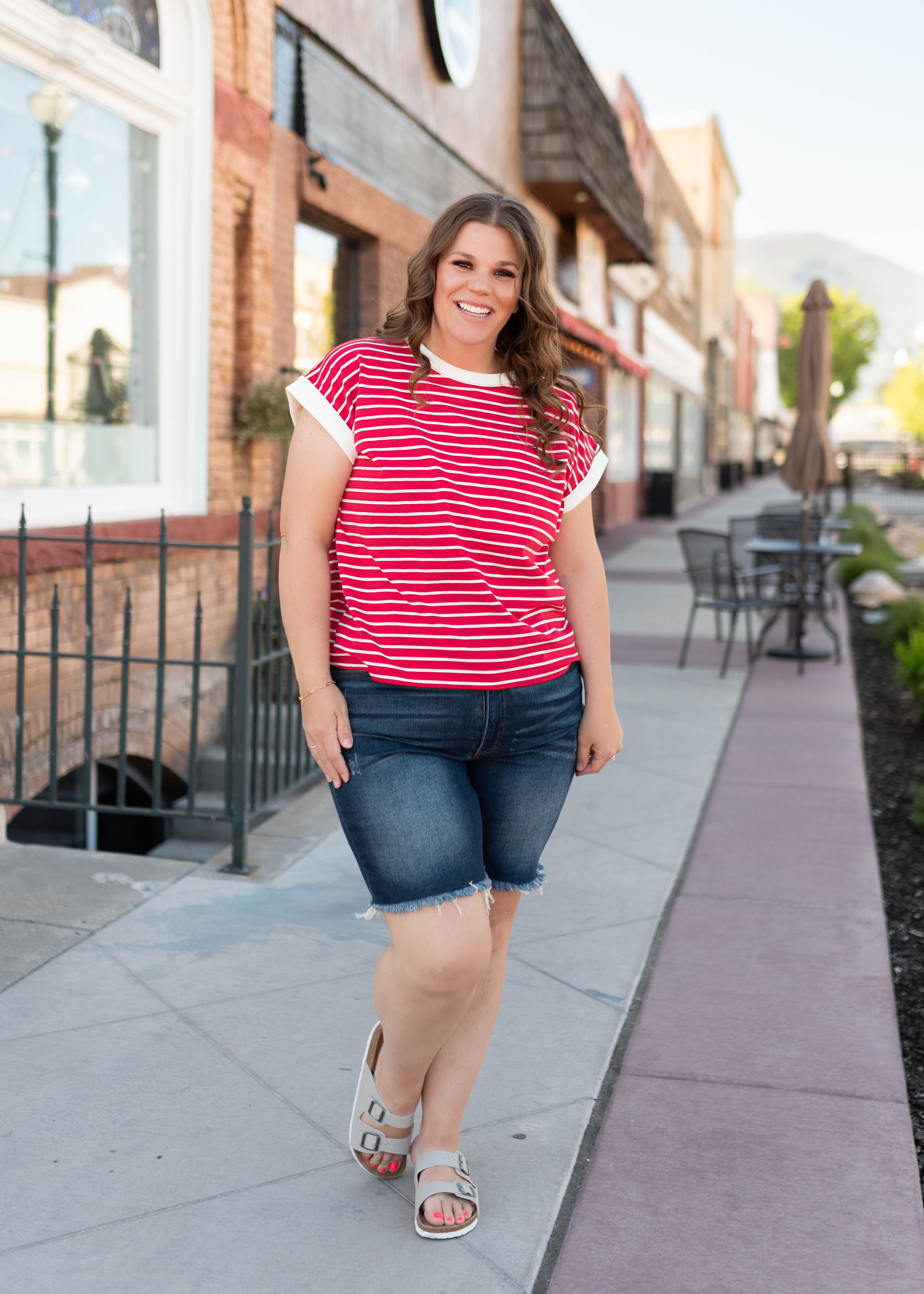 Clare Red Striped Cap Sleeve Top