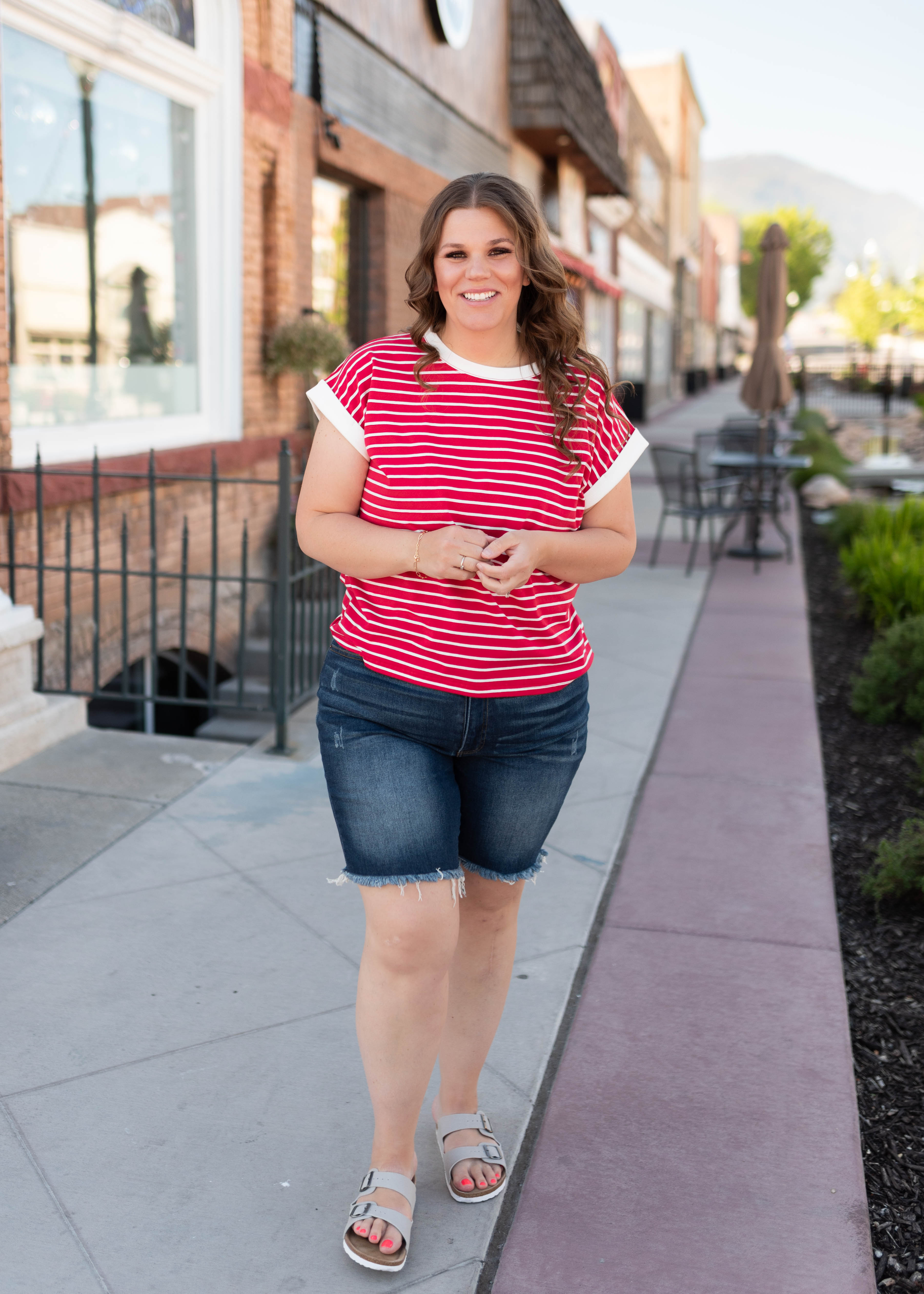 Clare Red Striped Cap Sleeve Top