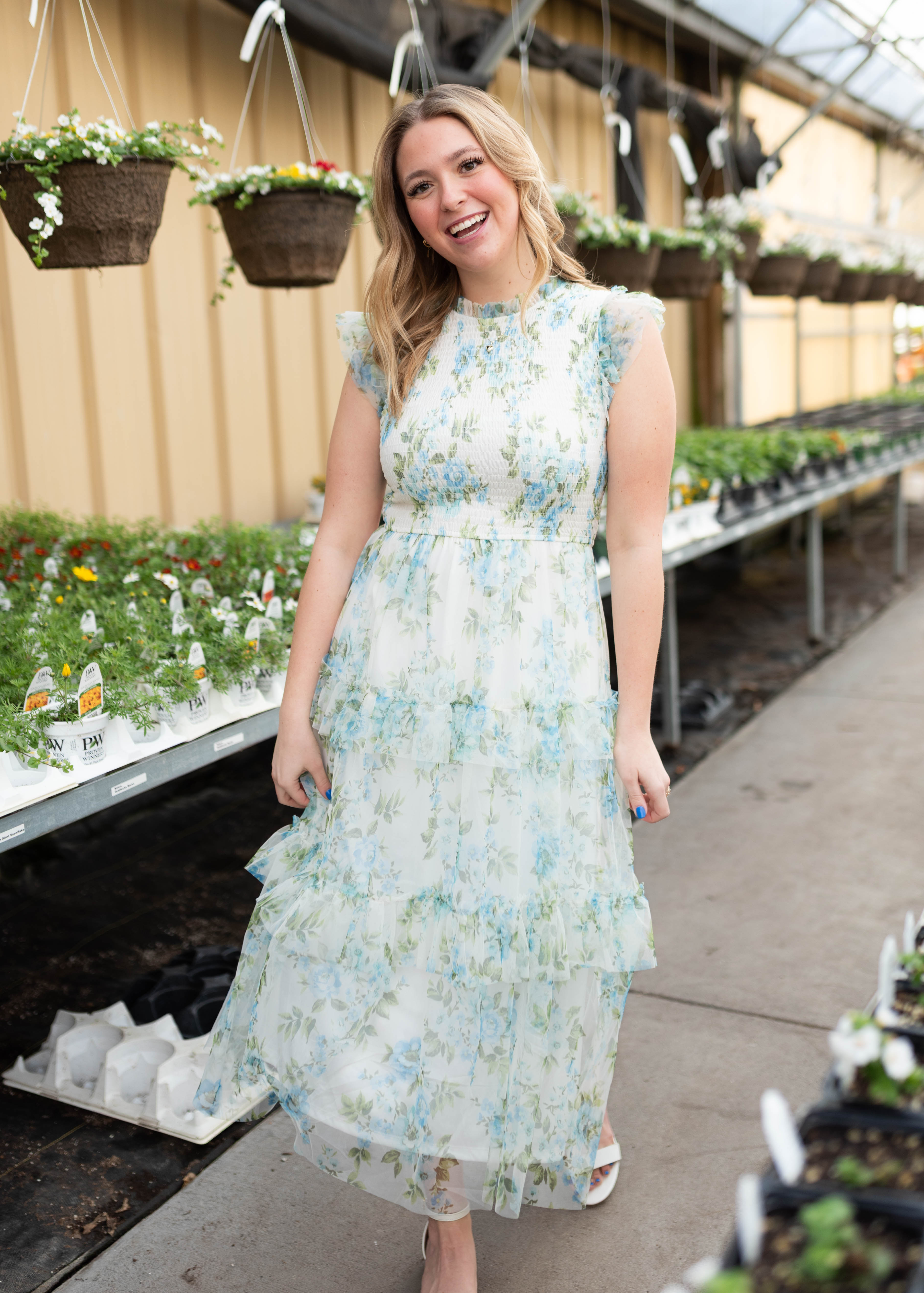 Alexia Cream Blue Floral Mesh Dress