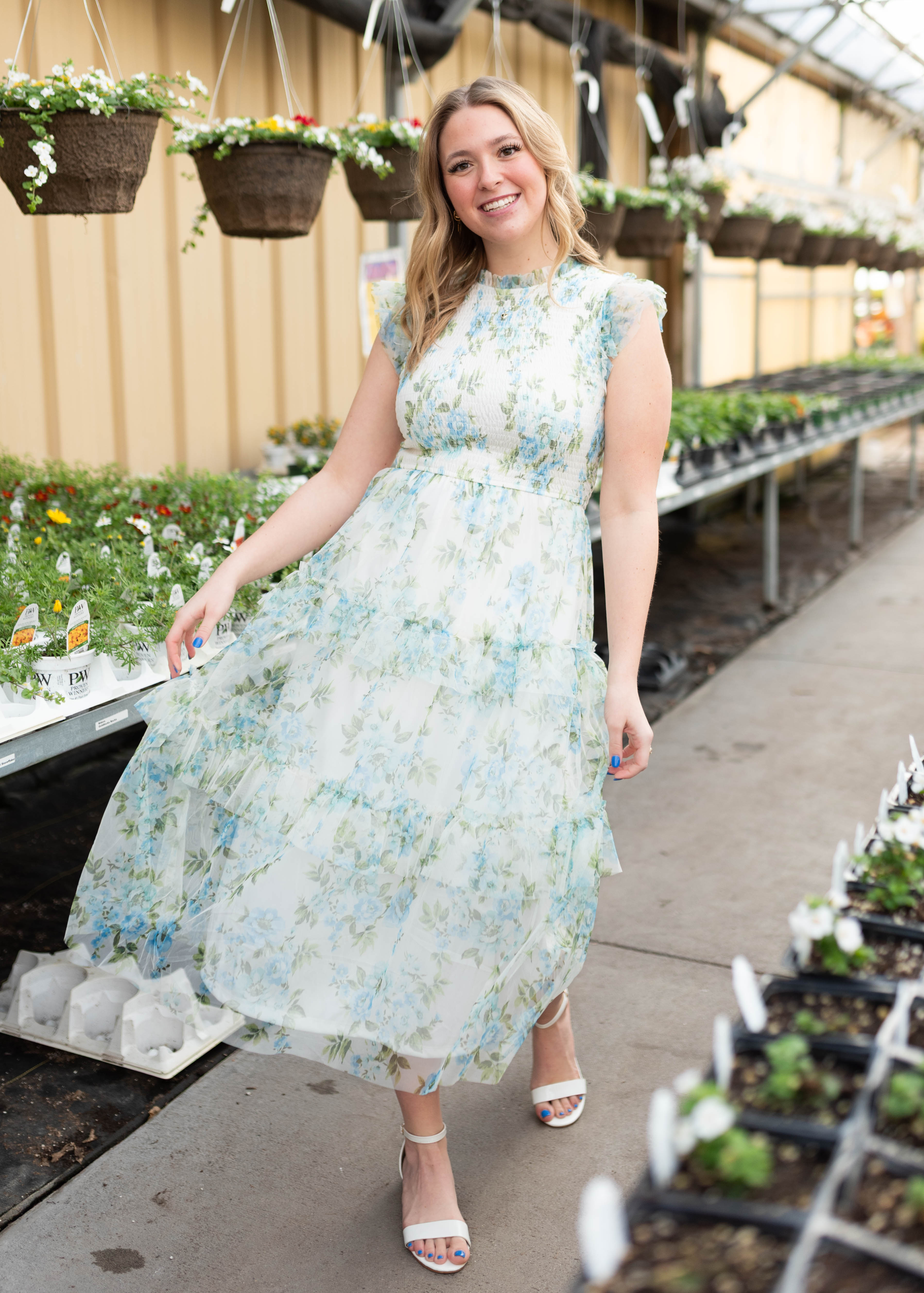 Alexia Cream Blue Floral Mesh Dress