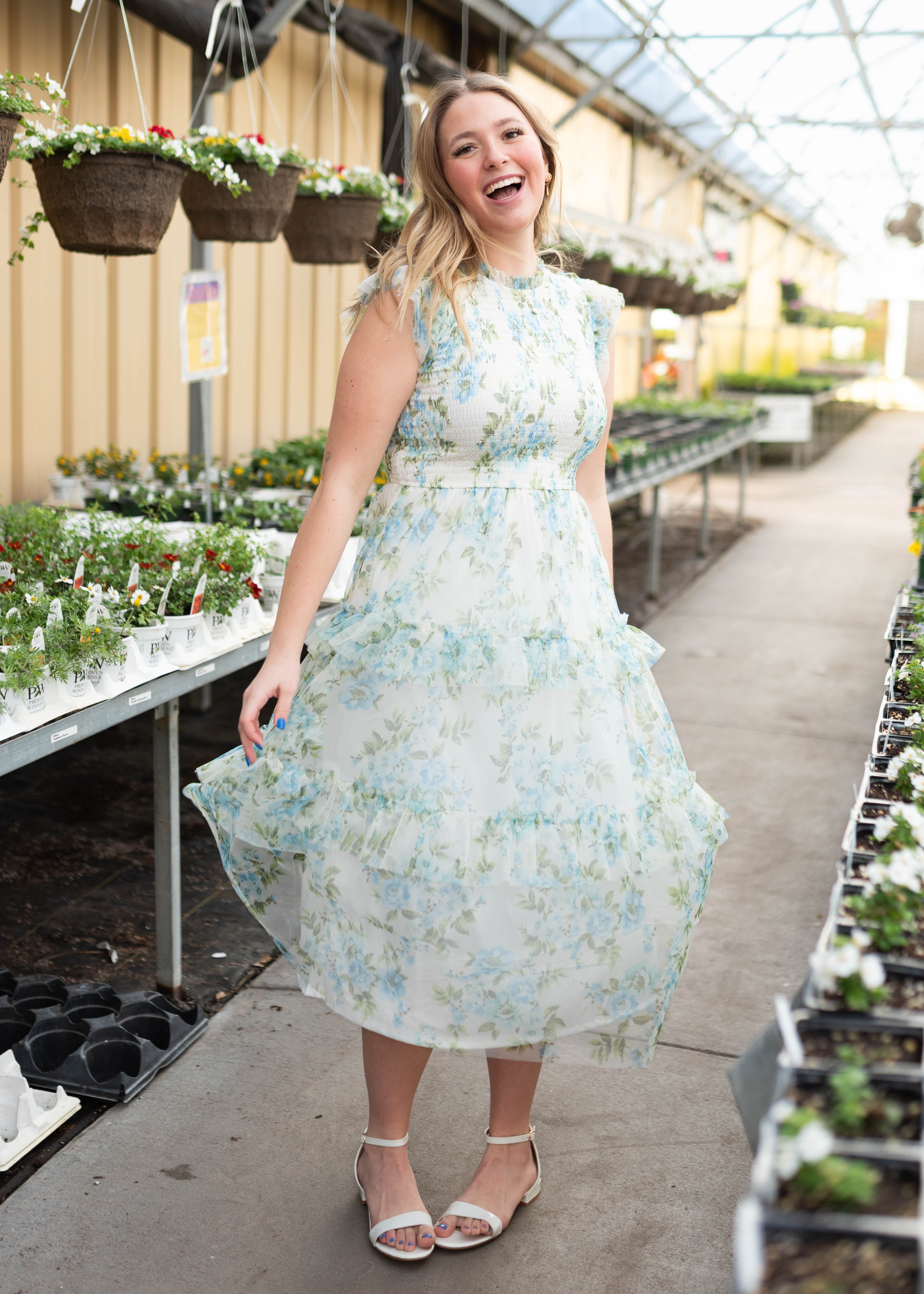 Alexia Cream Blue Floral Mesh Dress