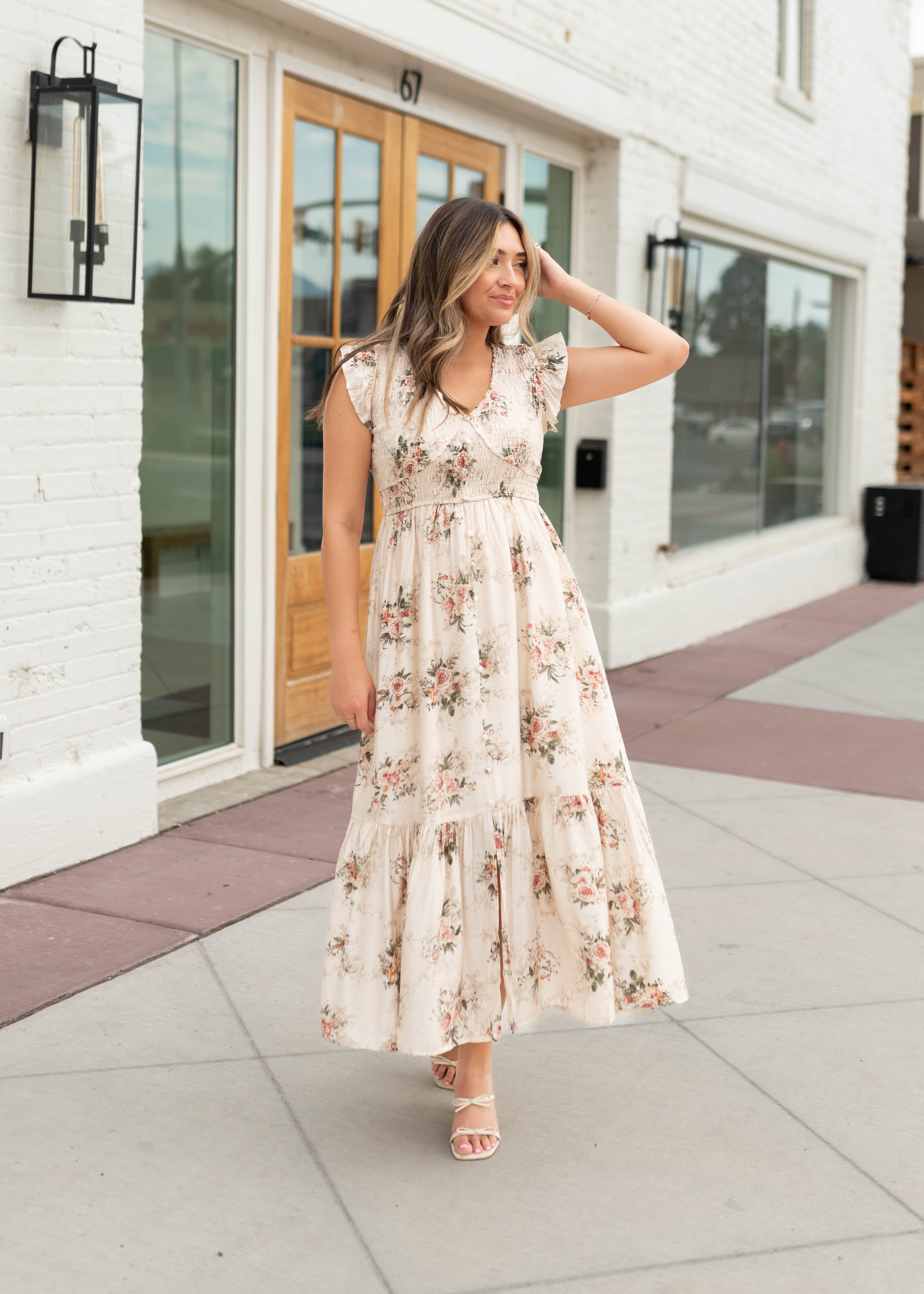 Britney Cream & Blush Floral Smocked Dress