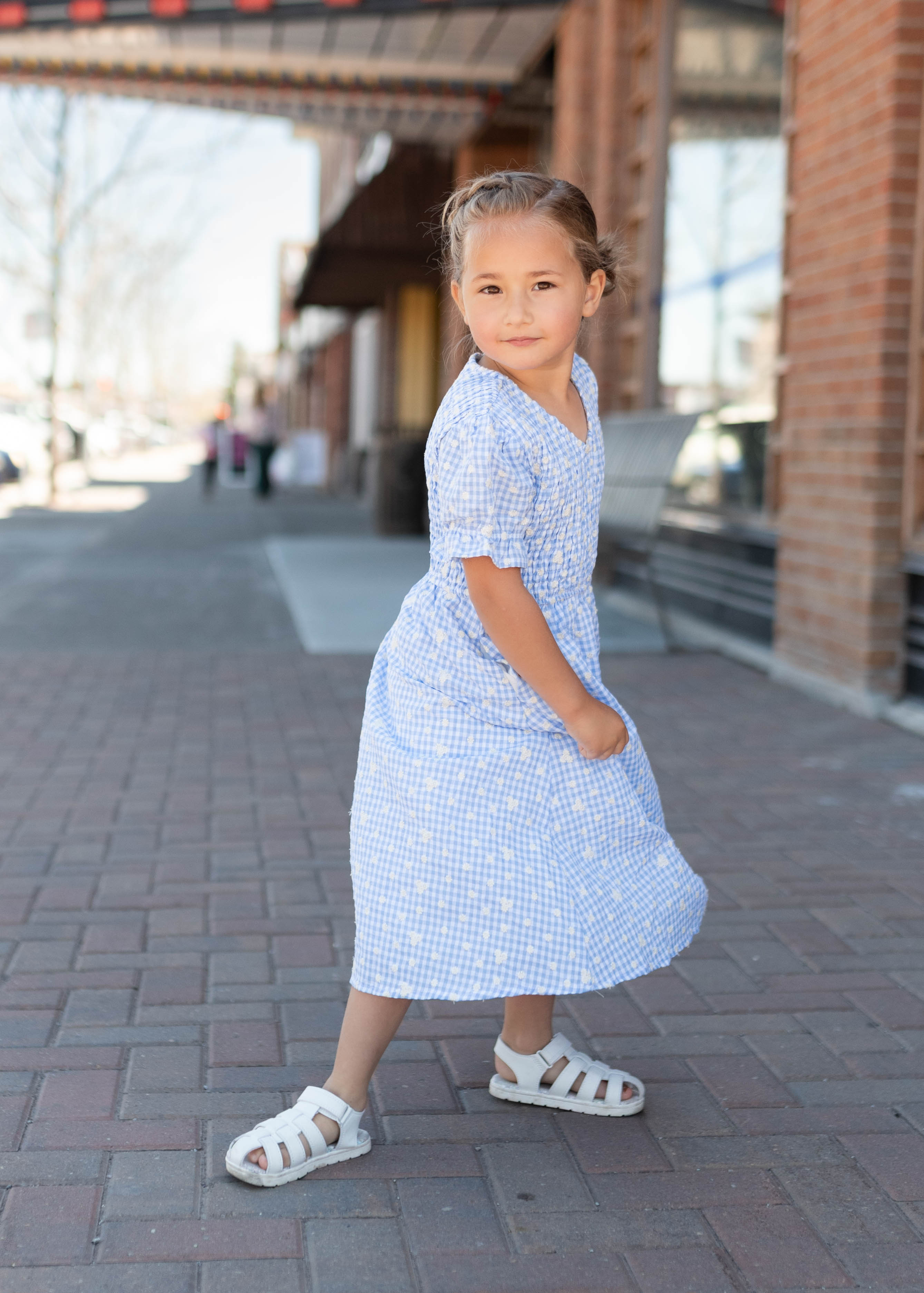 Mikayla Blue Gingham Floral Little Girl Dress