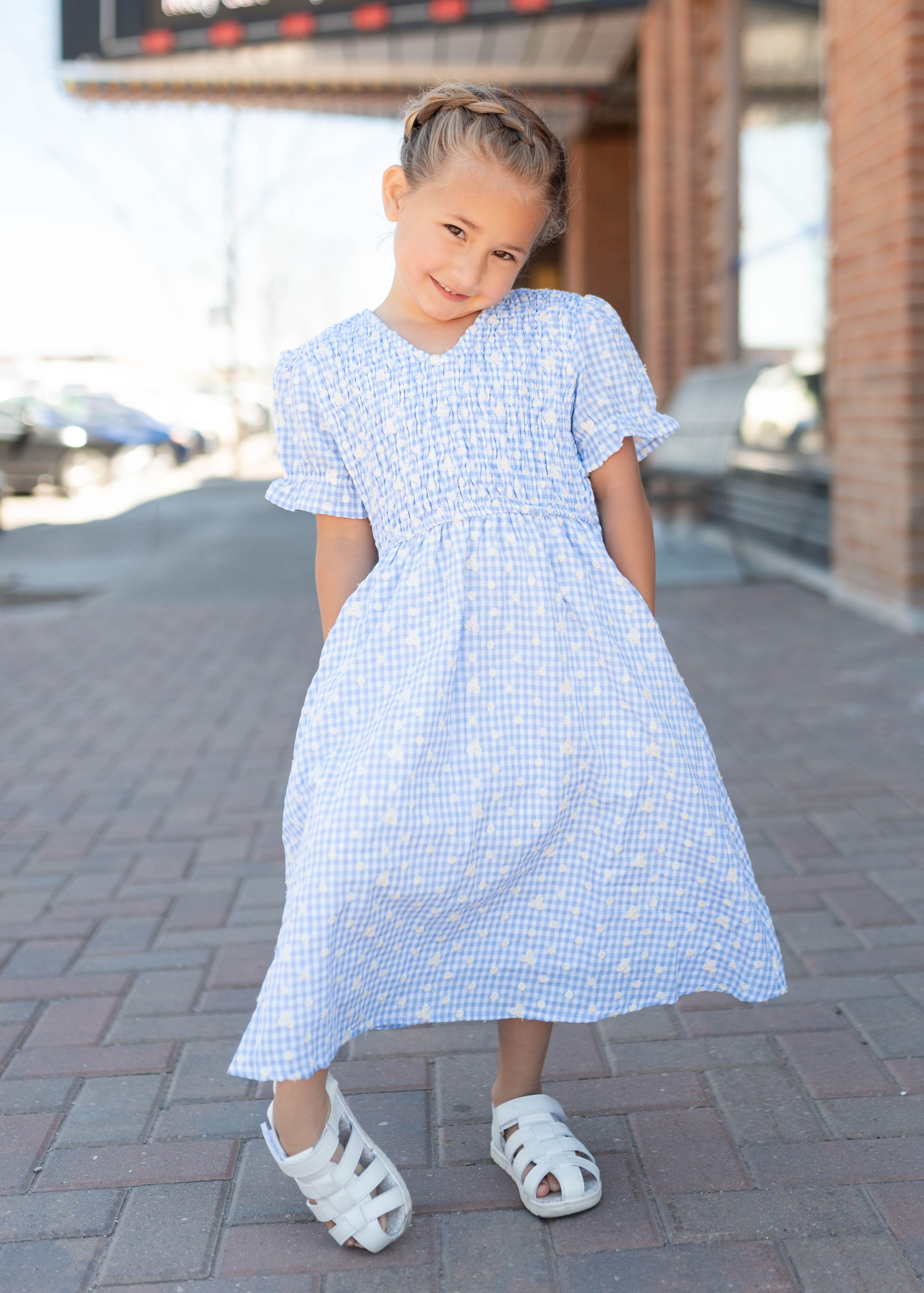 Mikayla Blue Gingham Floral Little Girl Dress