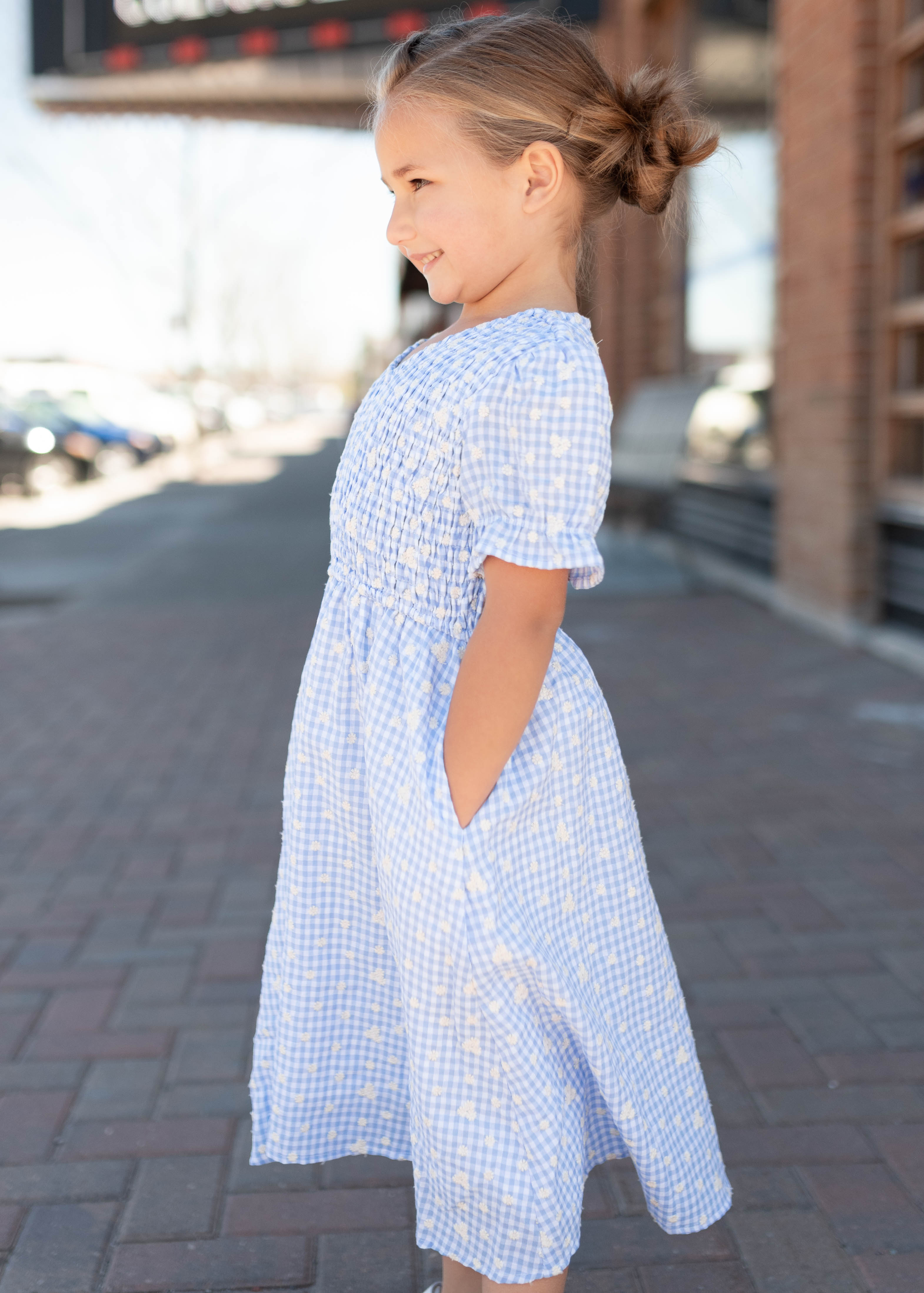Mikayla Blue Gingham Floral Little Girl Dress