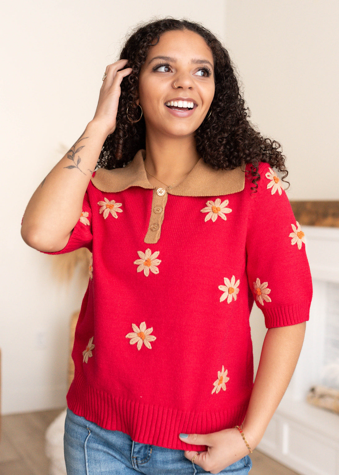 Danika Red Floral Collared Top