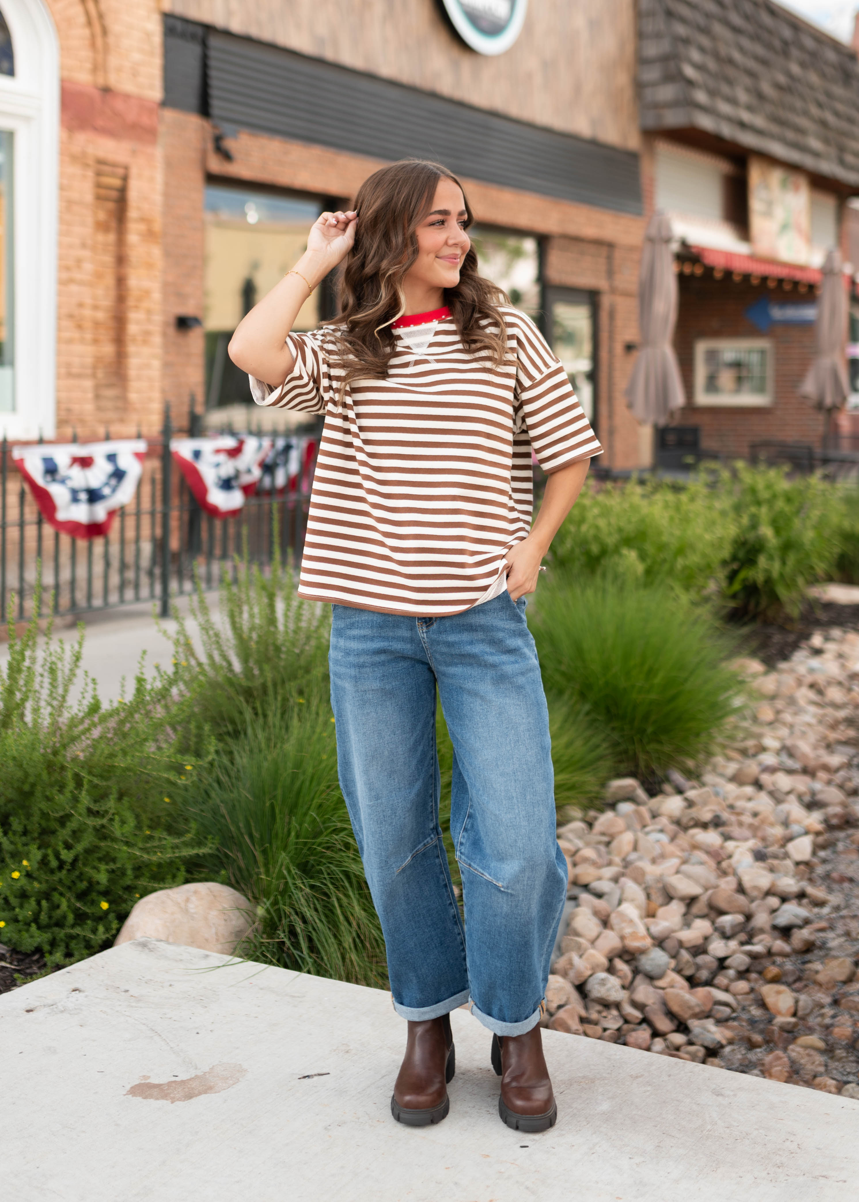 Darcy  Brown & Cream Striped Boxy Tee