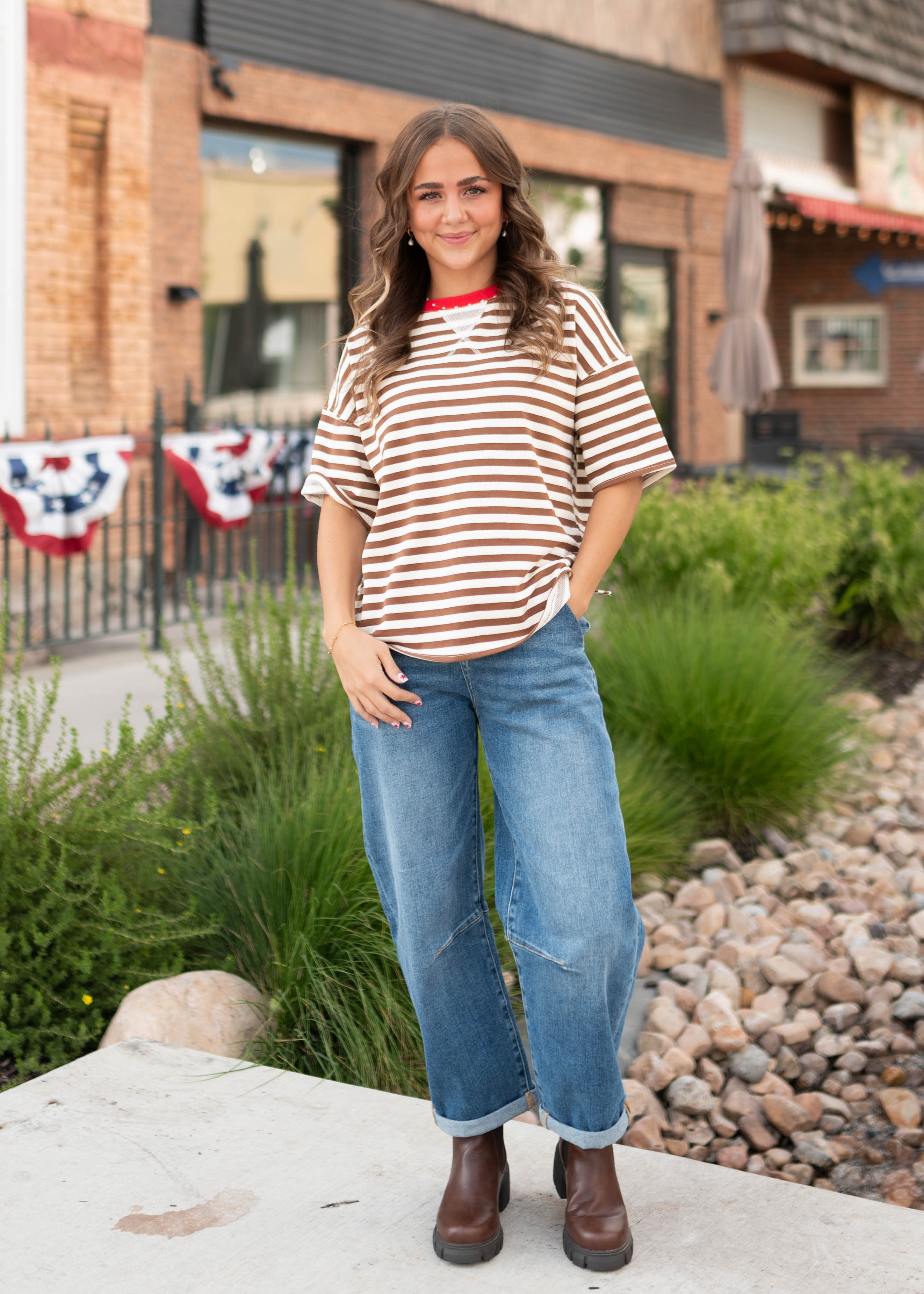 Darcy  Brown & Cream Striped Boxy Tee